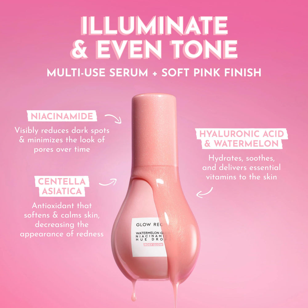 Glow Recipe Hue Drops, gouttes hue teinte rosée lumineuse, pour une luminosité subtile.