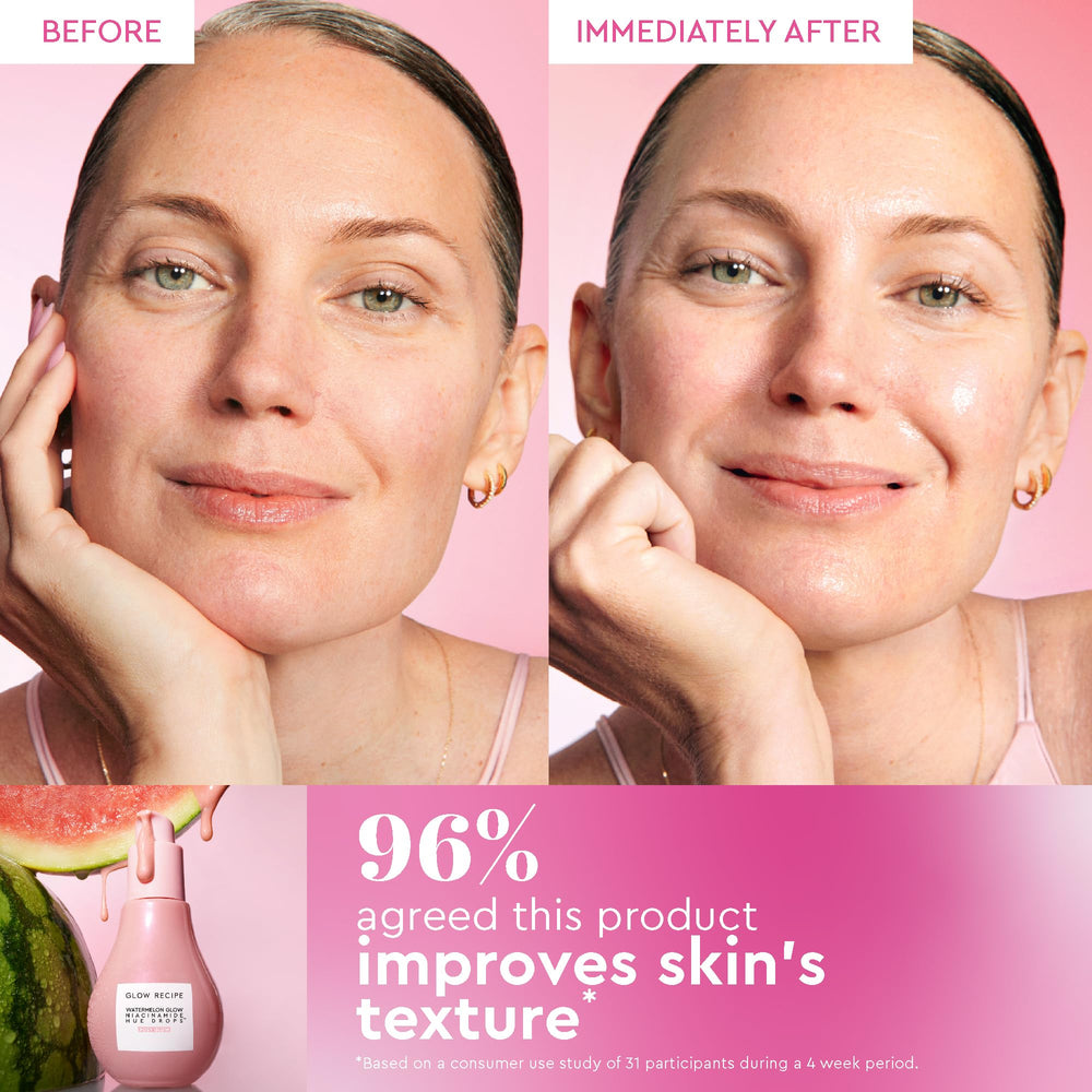 Rosy Glow Hue Drops Glow Recipe, flush rosé et fini lumineux sur la peau.