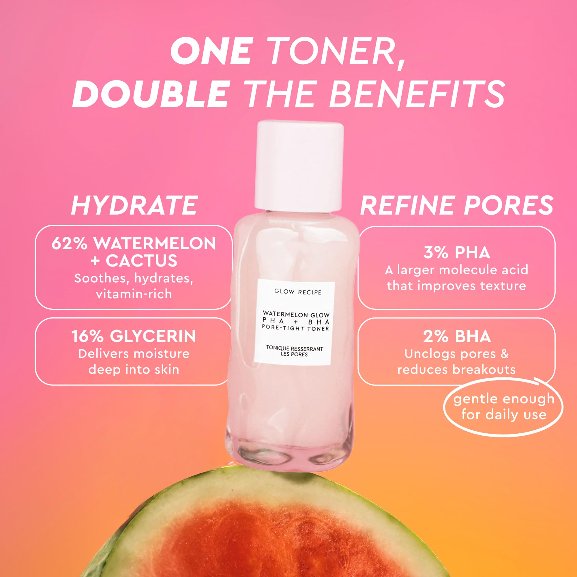 Glow Recipe tonique: flacon avec extrait de melon et cactus pour une hydratation durable.