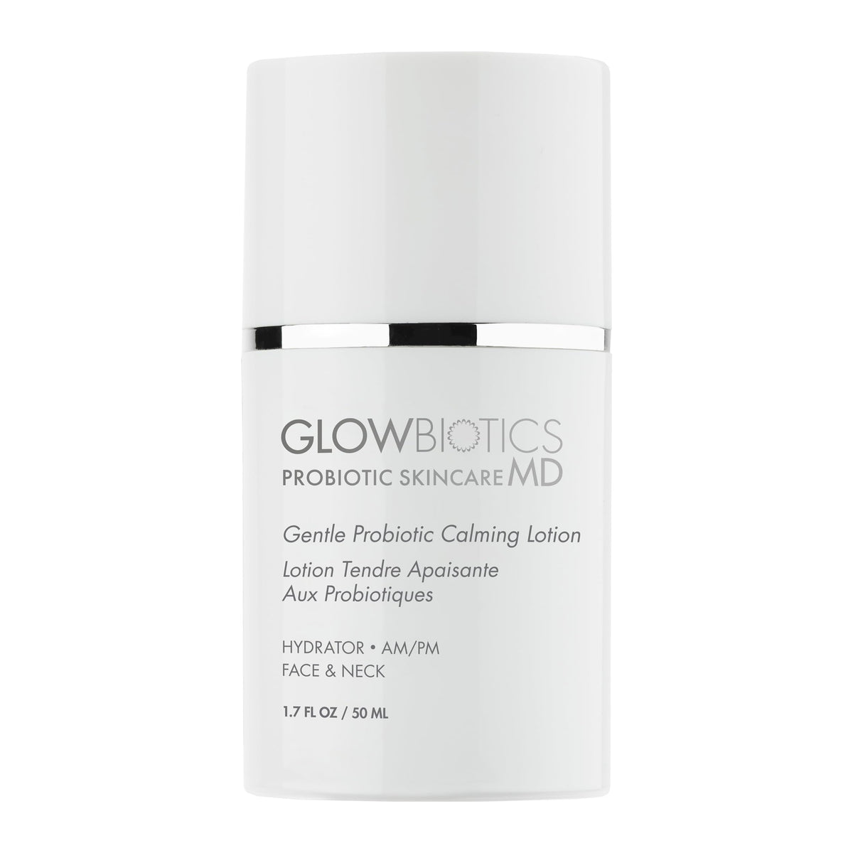 Glowbiotics Lotion apaisante probiotiques, bouteille prête à hydrater et calmer les irritations.