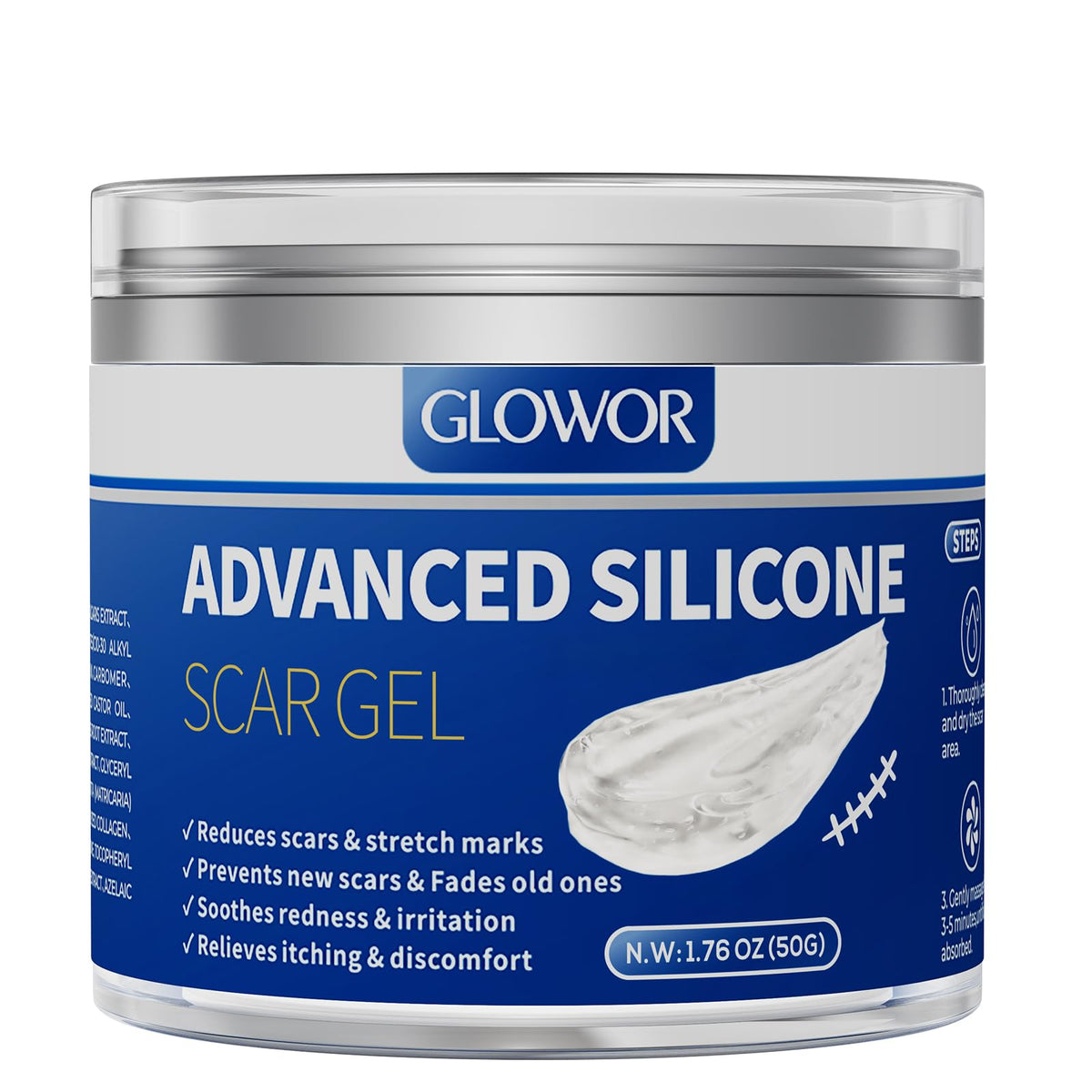 Glowor gel silicone cicatrices visage – flacon pratique et léger pour usage quotidien.