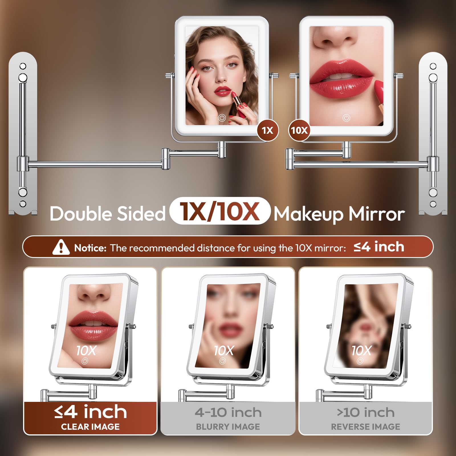 Glowtop boutons de contrôle doubles pour ajuster l’éclairage sans retourner le miroir.