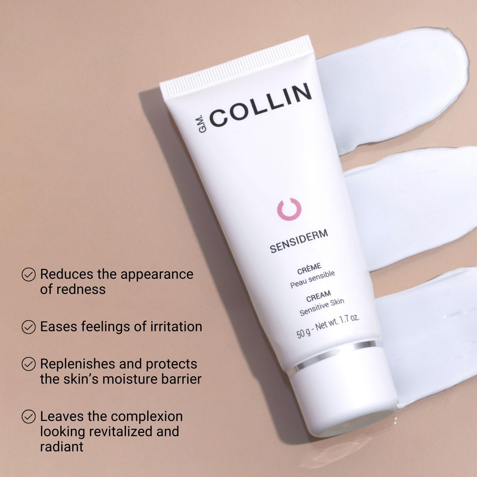 Application de la crème Sensiderm sur le visage pour apaiser la peau sensible.