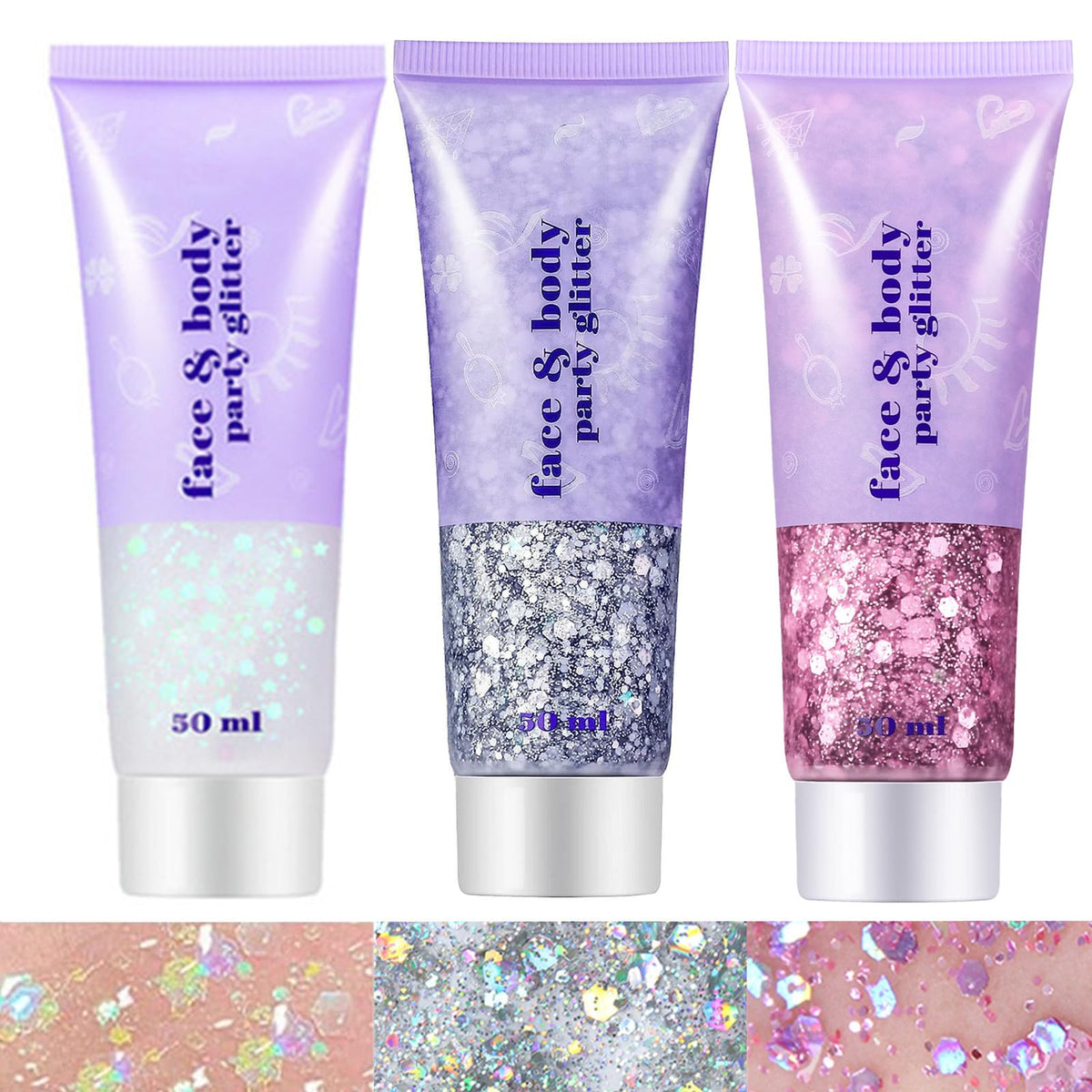 Go Ho gel paillettes: bouteille blanc-rose-argent holographique.