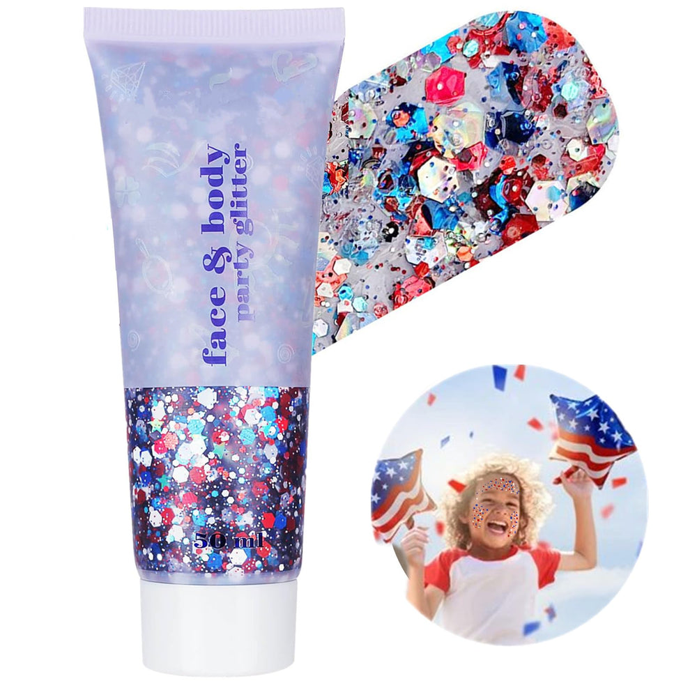 Go Ho Glitter rouge blanc bleu sur visage et corps offre un éclat festif et longue tenue