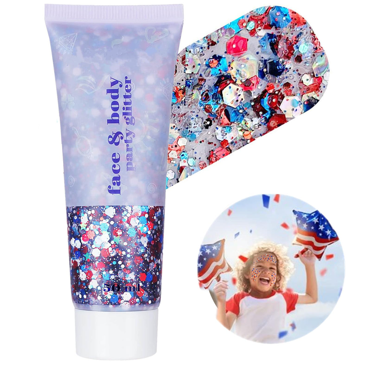 Go Ho Glitter rouge blanc bleu sur visage et corps offre un éclat festif et longue tenue