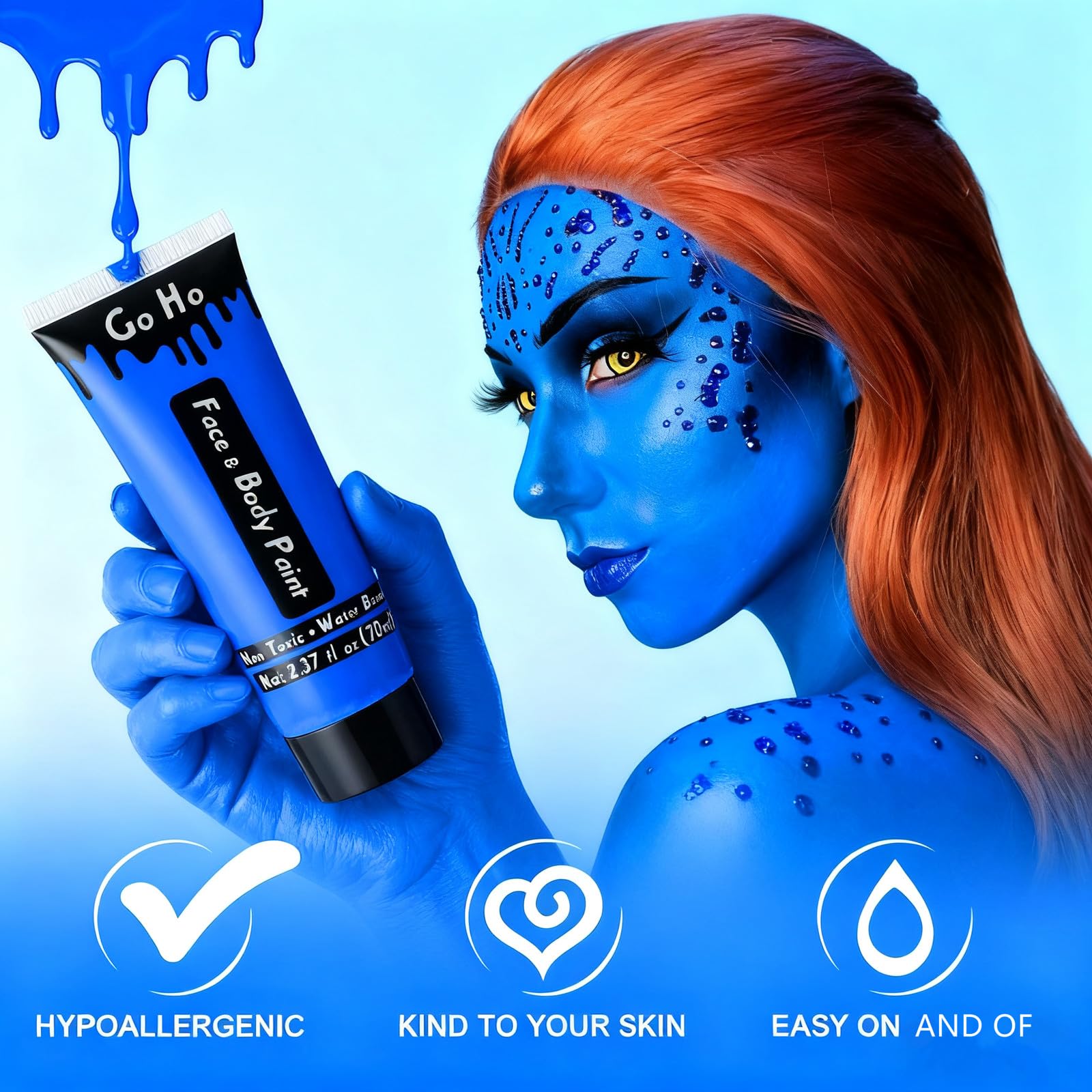 Go Ho texture crème bleu royal, rendu homogène sur la peau.