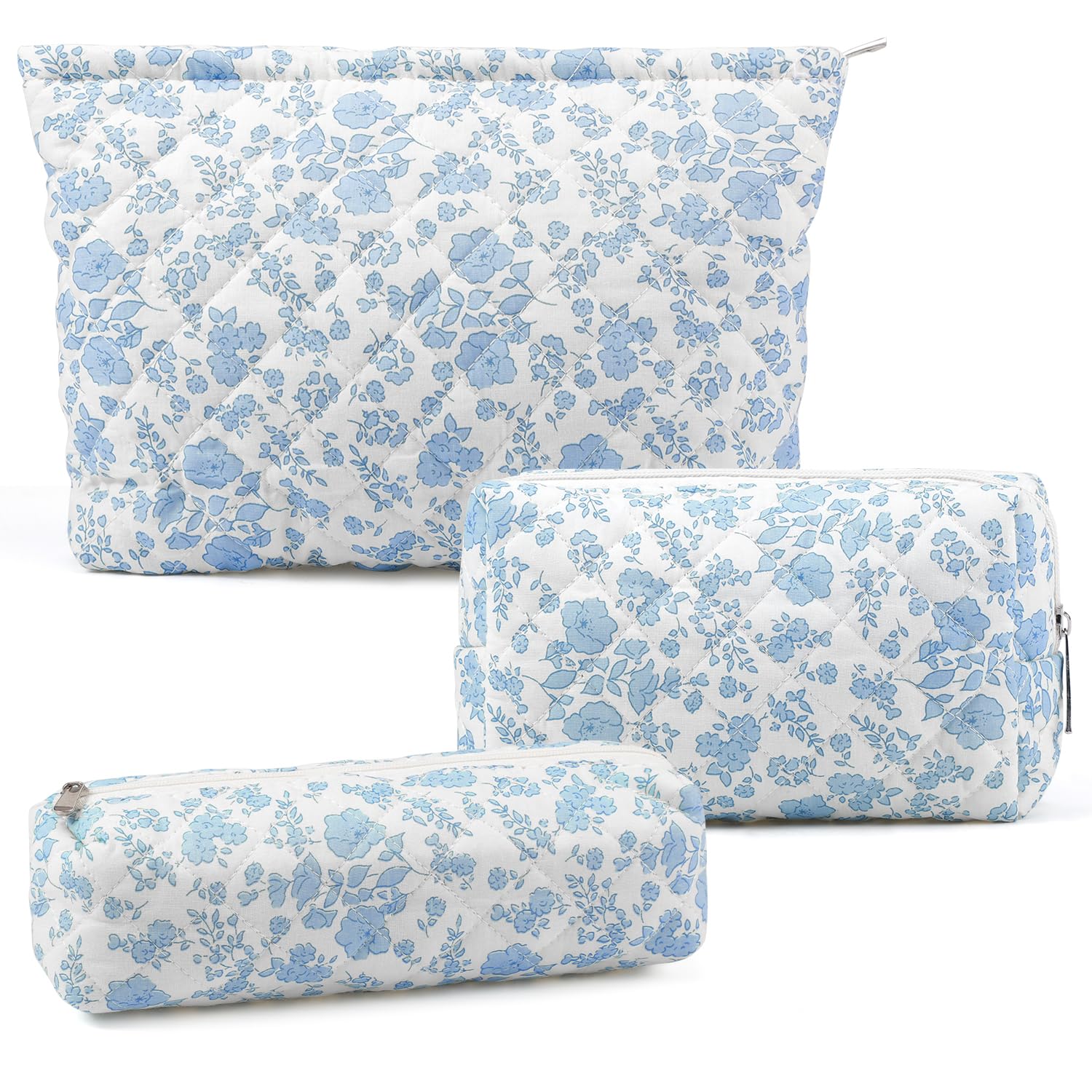 Gocvo trousse de maquillage ensemble 3 pièces bleu à fleurs, rangement gain de place.