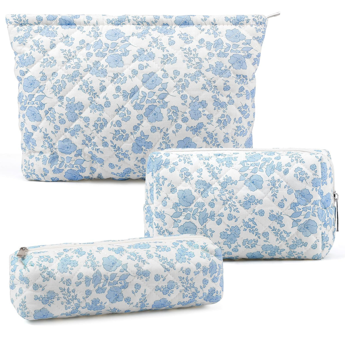 Gocvo trousse de maquillage ensemble 3 pièces bleu à fleurs, rangement gain de place.