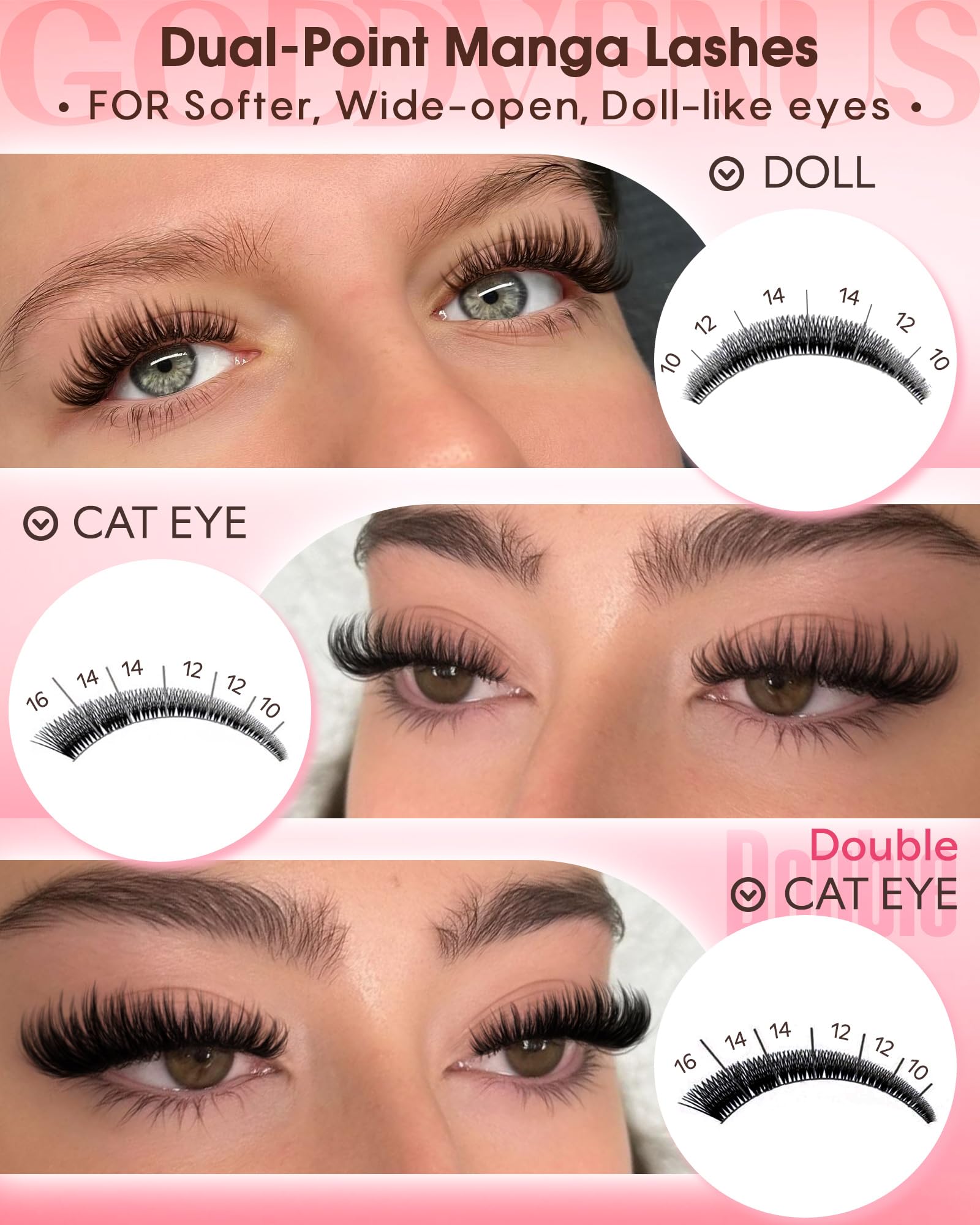 Godevenus gamme-longueurs 10-16 mm pour différents looks.