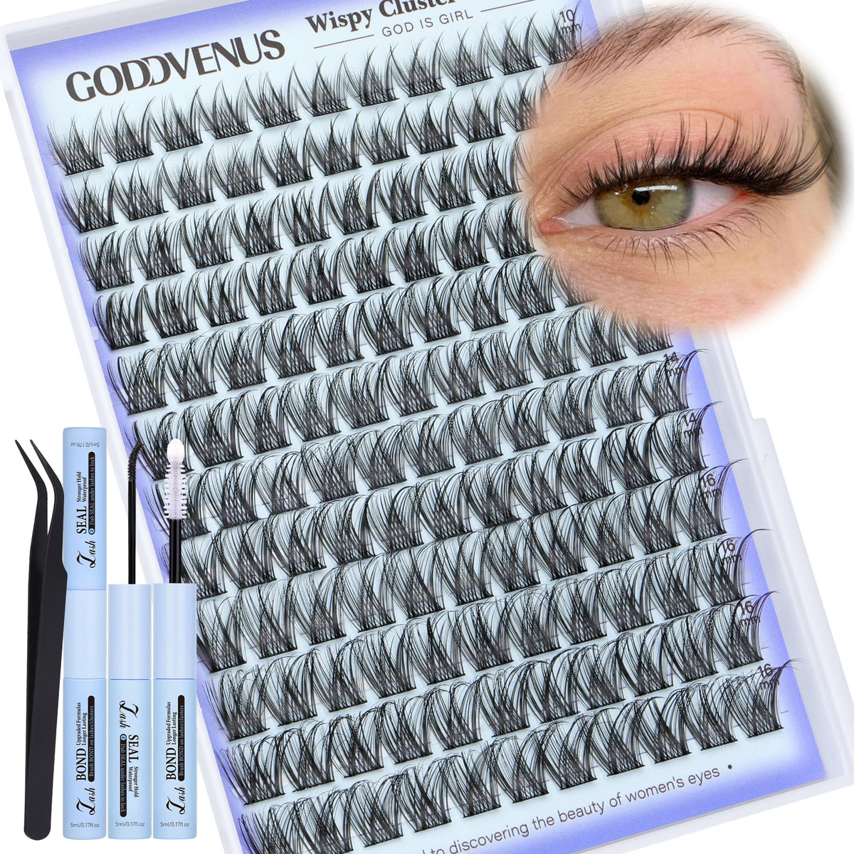 Goddvenus kit cils extensions 3-en-1 pour un look naturel et glamour.