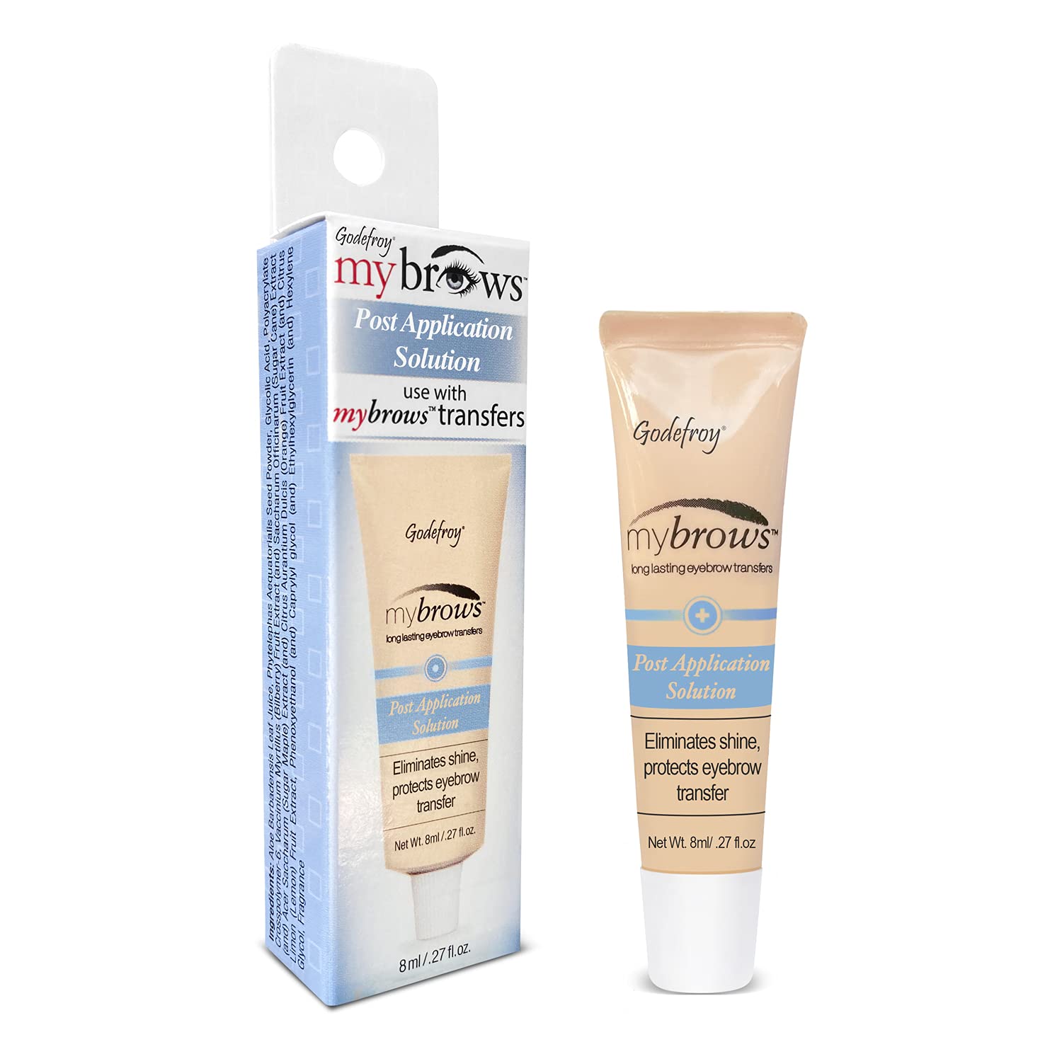 Godefroy Mybrows post-application montre la bouteille de 8 ml prête à prolonger la tenue.