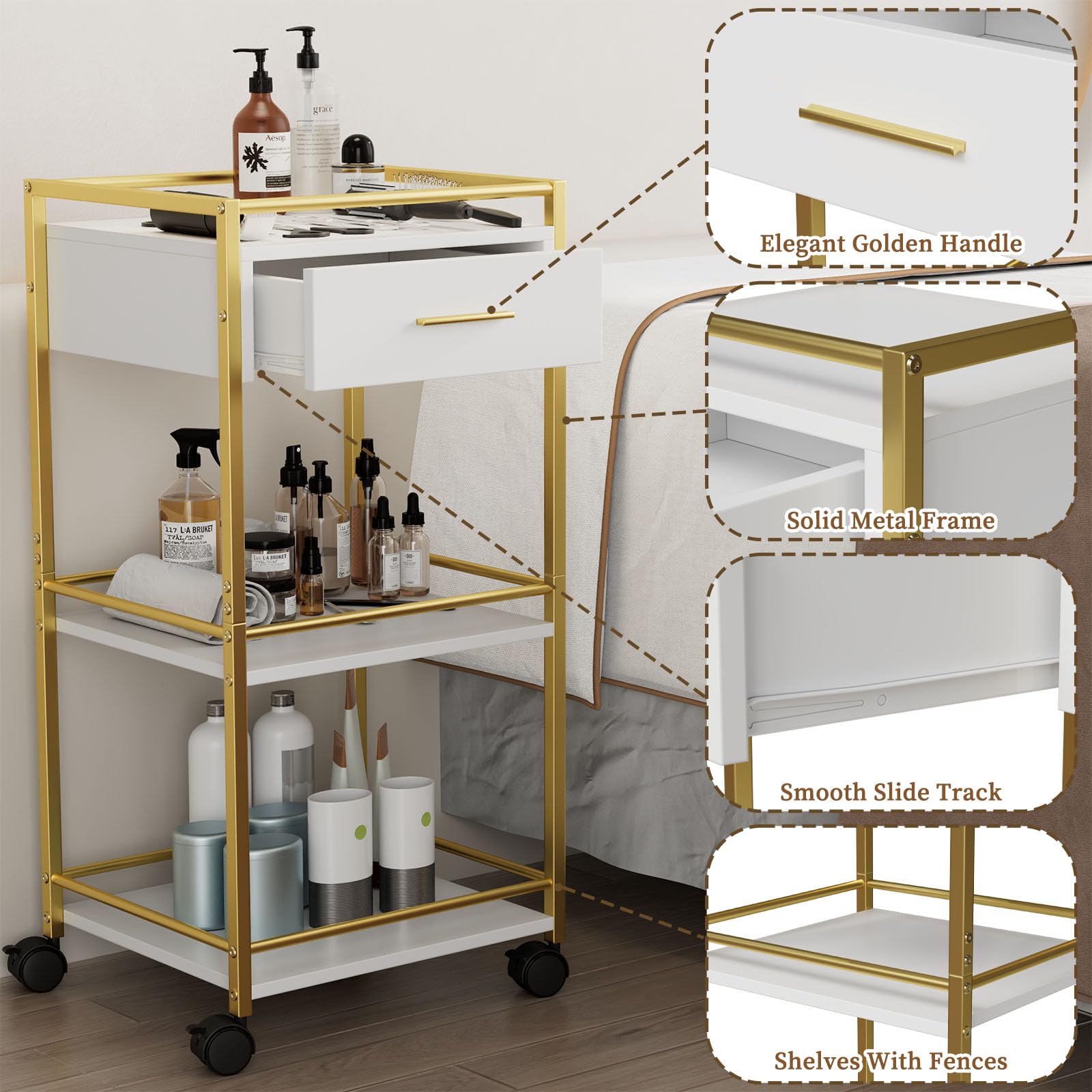 GOFEI – Finition blanc et or pour un espace salon élégant et professionnel.