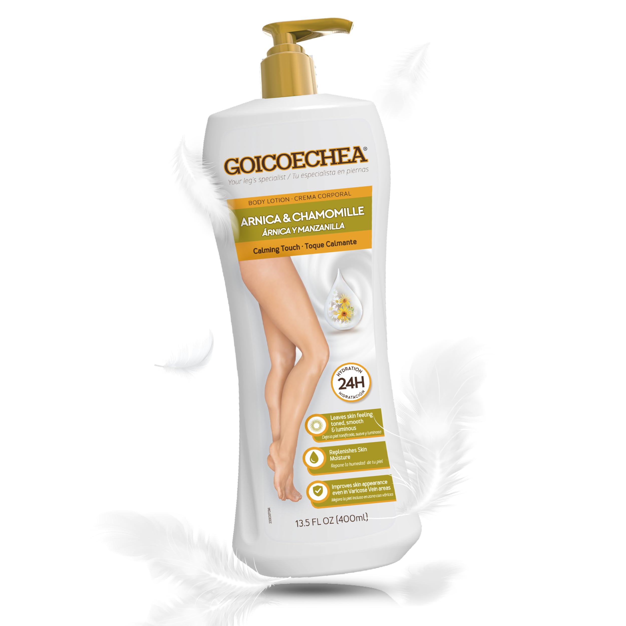 Lotion Goicoechea Arnica Camomille en bouteille sur fond neutre, hydratation durable.