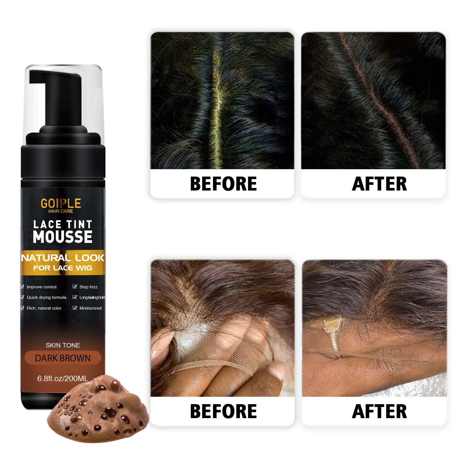 Goiple Lace Tint Mousse couleur brun foncé qui se fond avec cheveux et dentelle