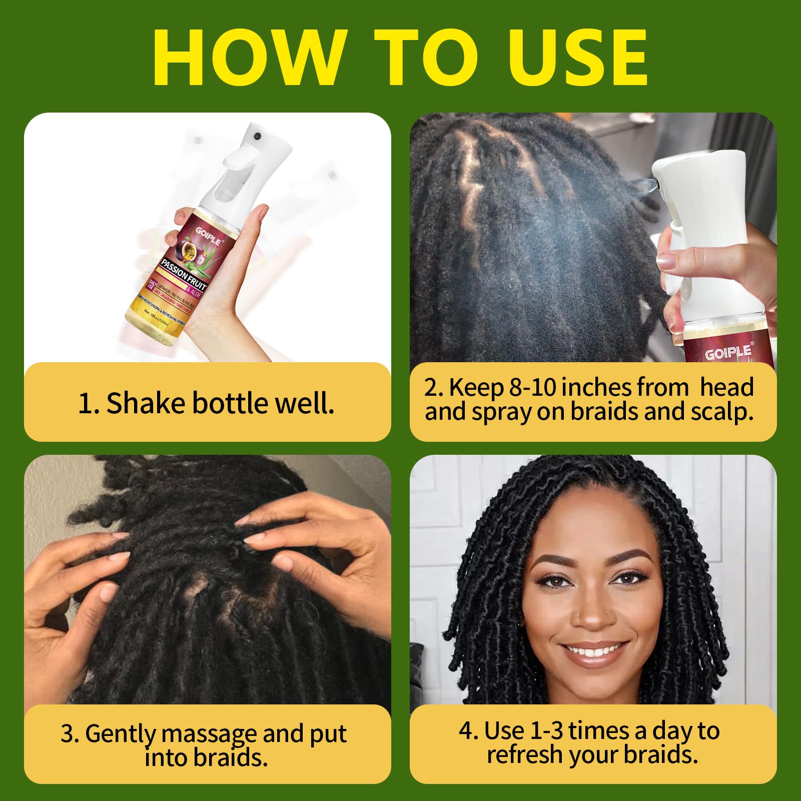 Goiple Loc Spray – soin doux pour cuir chevelu, formulation naturelle et légère.