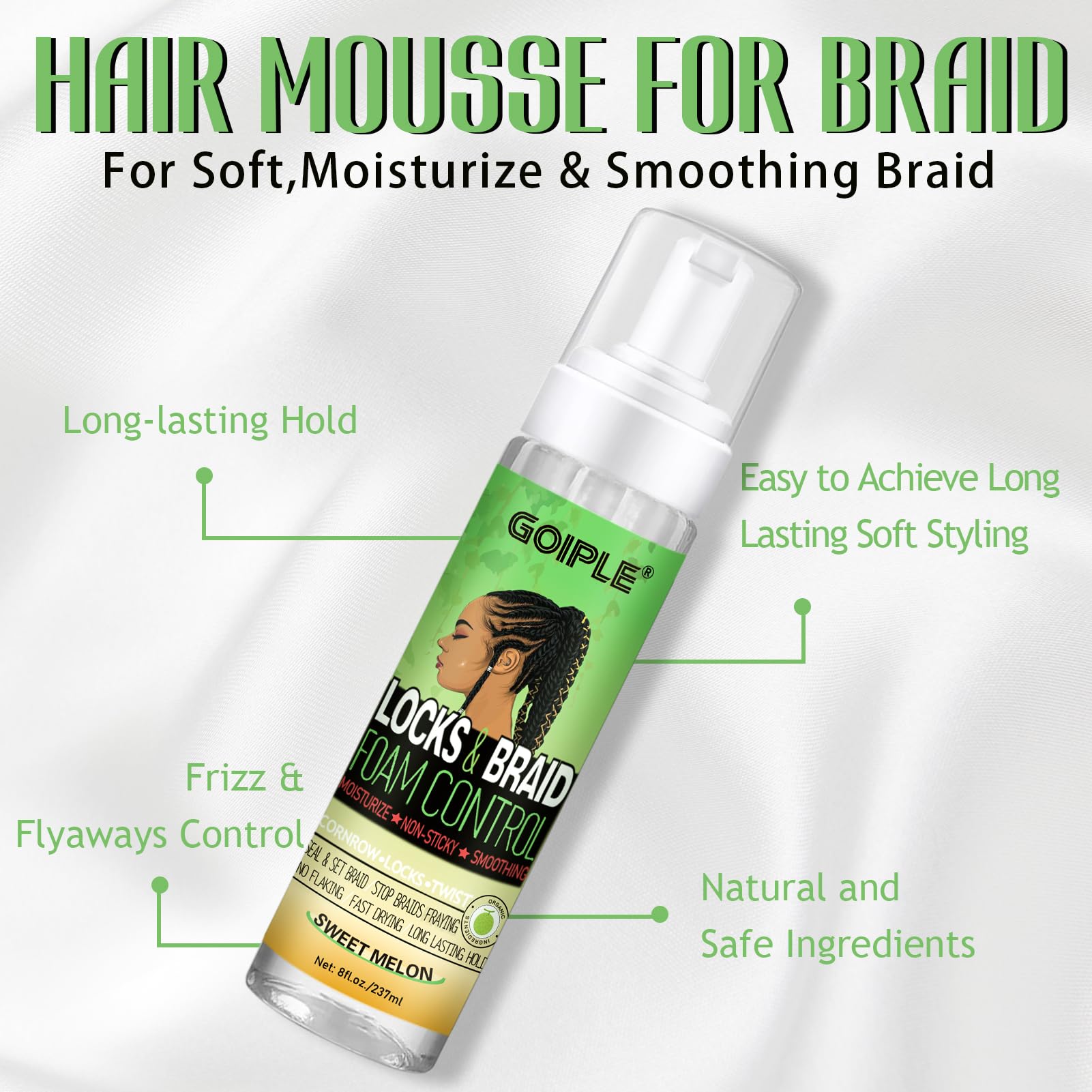 Goiple mousse pour tresses – coiffage longue tenue adaptable à tous les types.