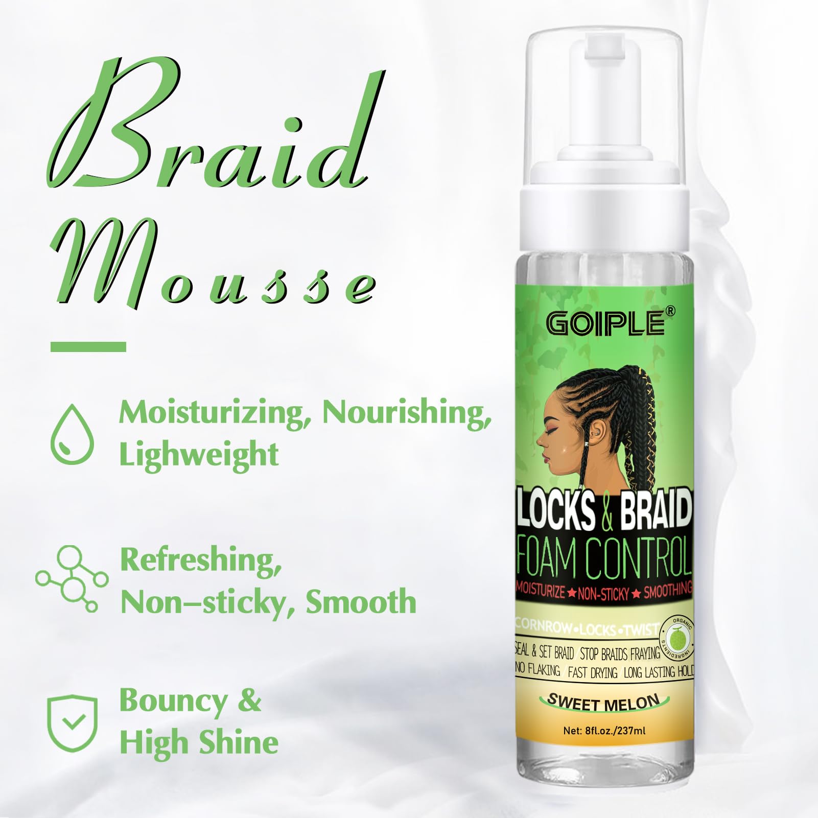 Goiple mousse pour tresses – contrôle des frisottis et brillance nourrissante.