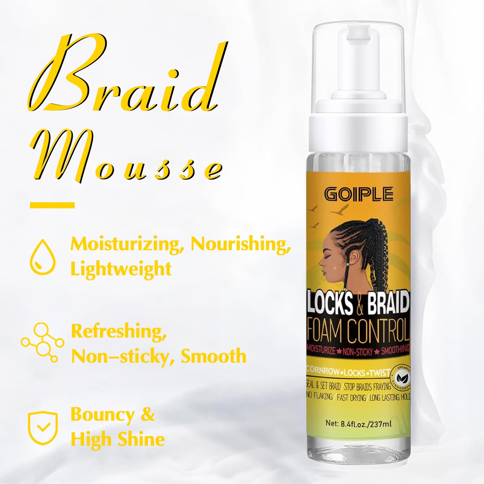 Goiple Mousse finissage doux tresses pour un look soigné et léger.