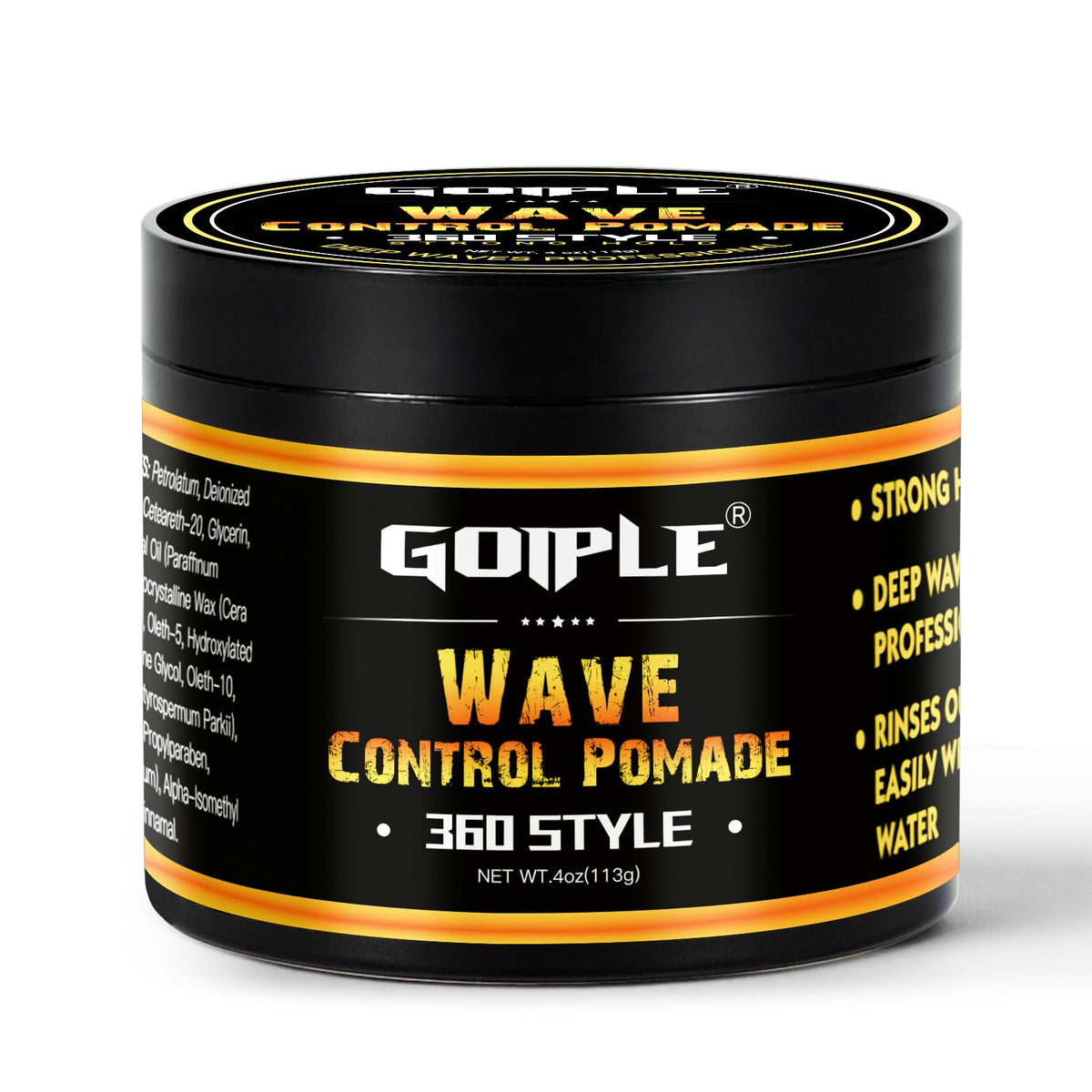 Goiple Natural Wave Pomade bottle close-up for strong hold and washability