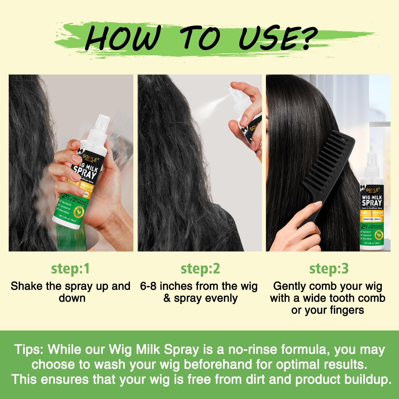 Goiple – usage-sans-eau-wig: routine rapide sans rinçage.