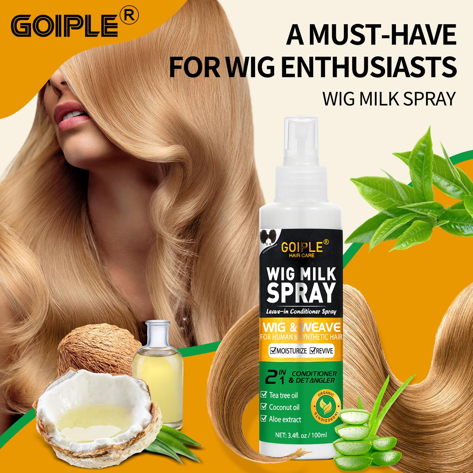 Goiple Wig Milk Spray applique huile arbre-the pour nourrir les fibres.