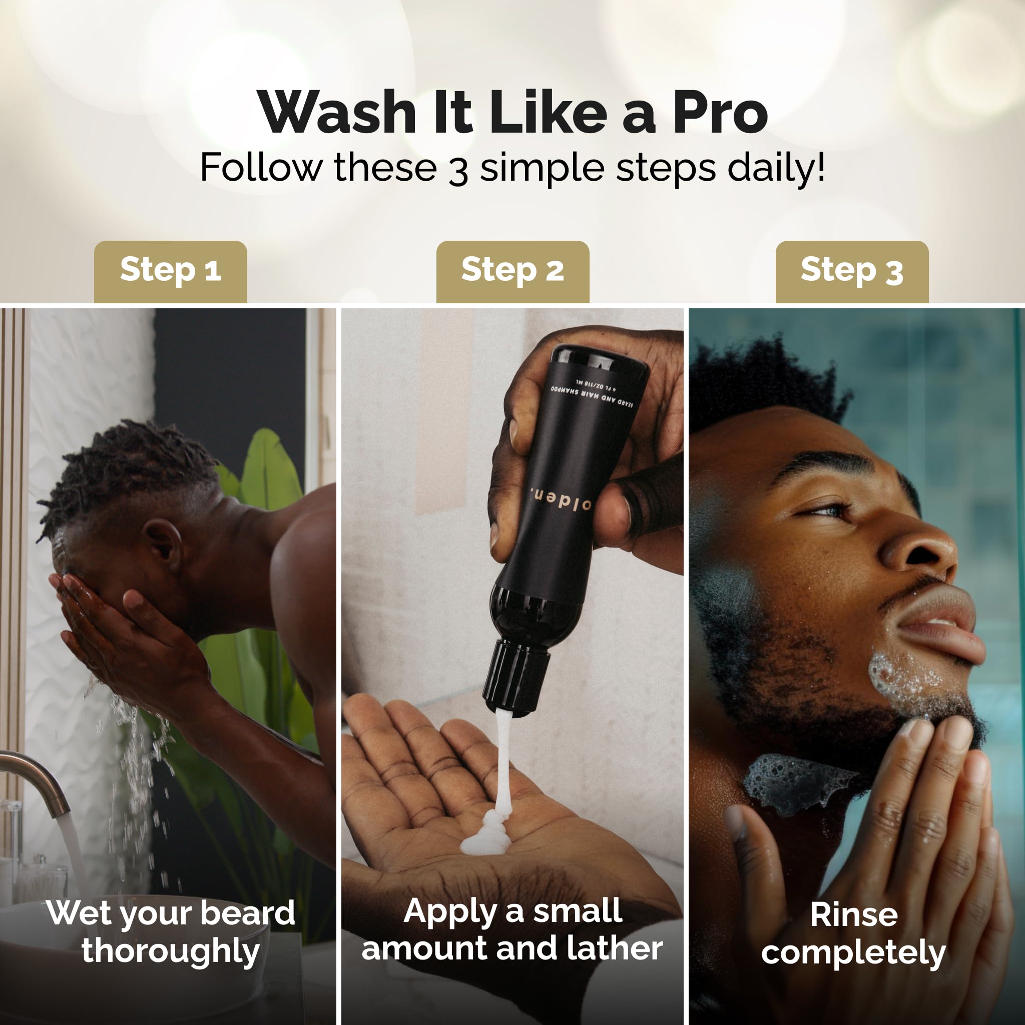 Golden Grooming Beard Shampoo, emballage : produit premium prêt à offrir.