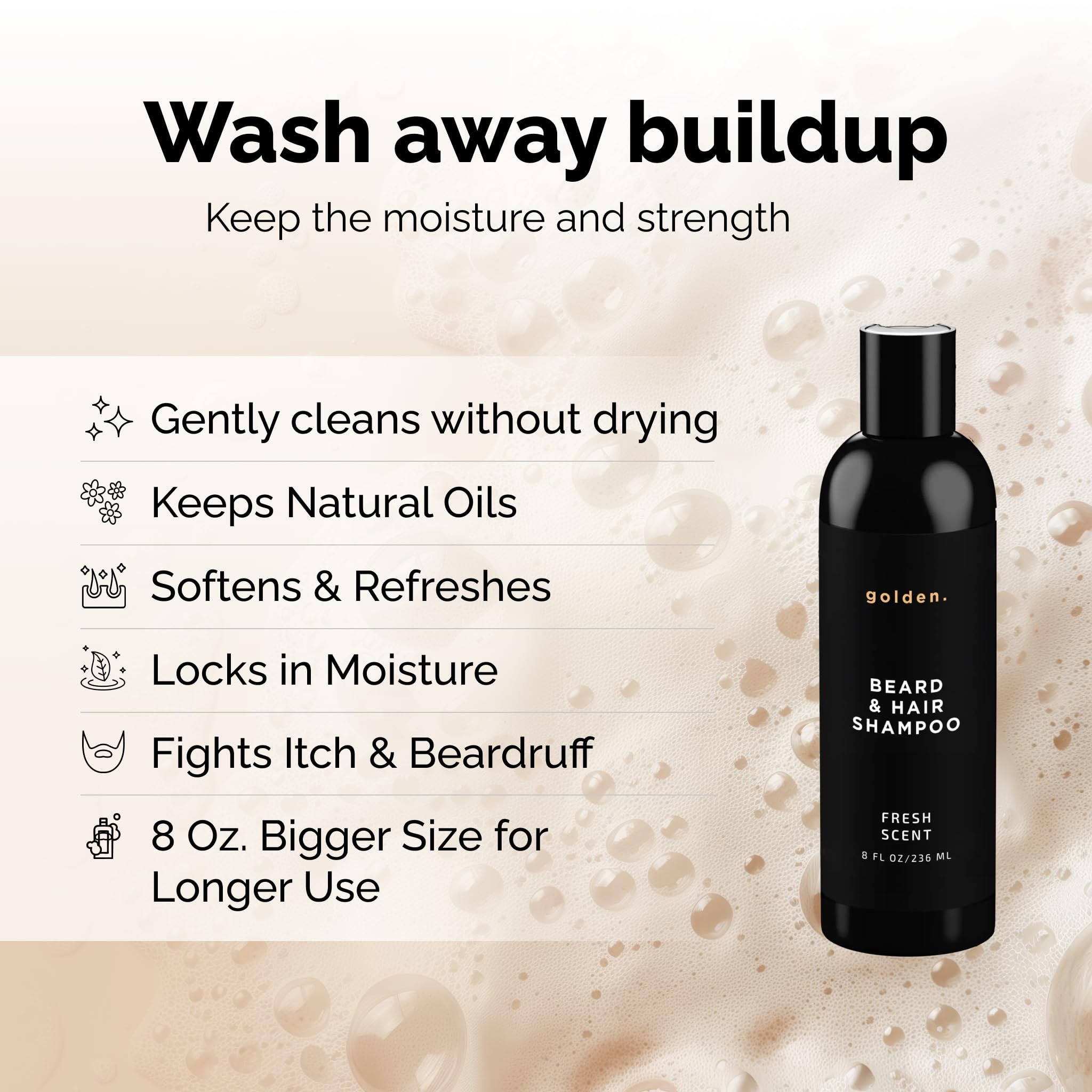 Golden Grooming Beard Shampoo, pompe visible : distribution facile et application homogène.