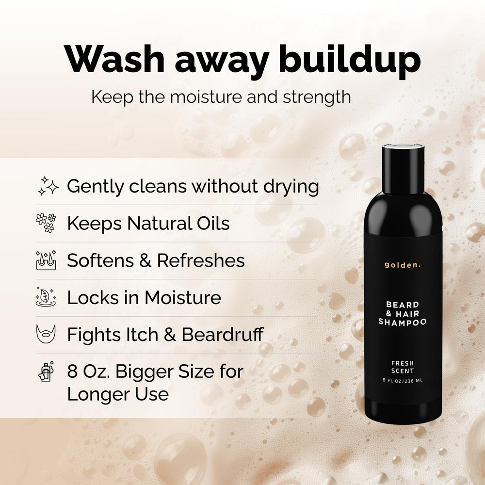 Golden Grooming Beard Shampoo, pompe visible : distribution facile et application homogène.
