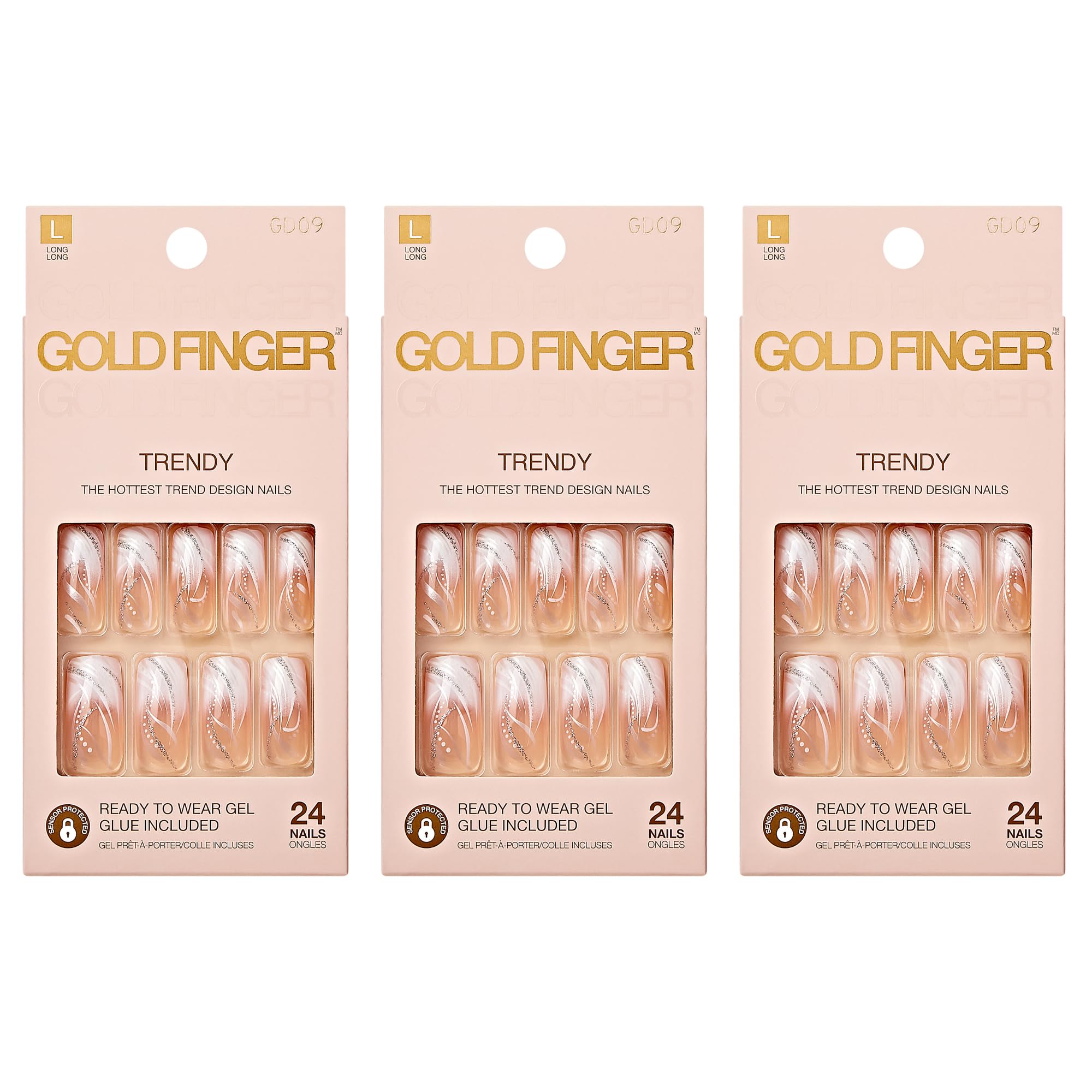Ongles Goldfinger Gel Glam Design longues, portables au quotidien sans vernis ni lampe UV.