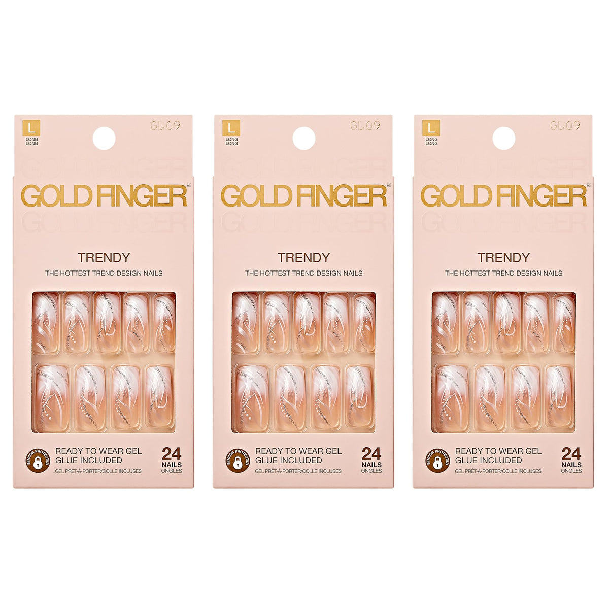 Ongles Goldfinger Gel Glam Design longues, portables au quotidien sans vernis ni lampe UV.