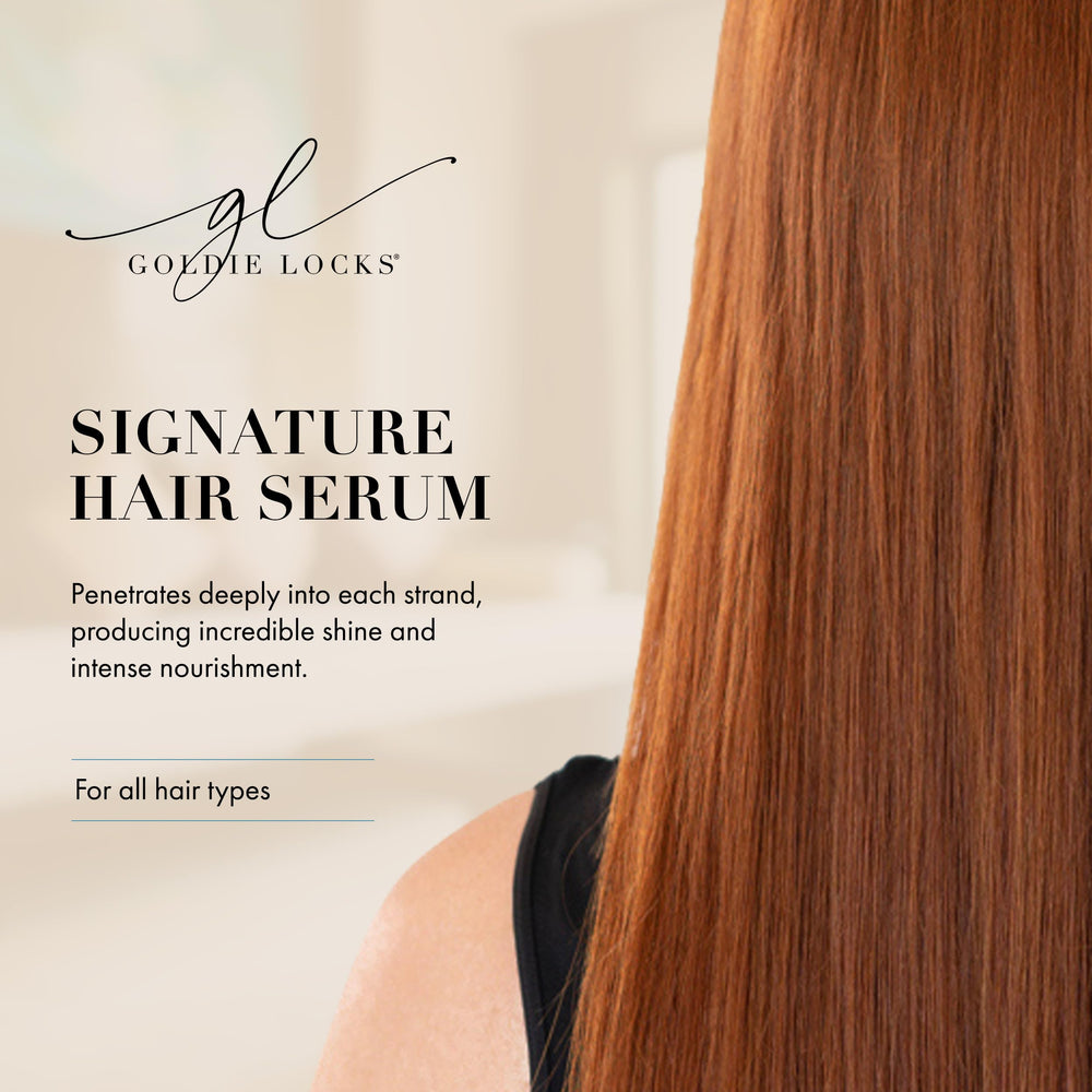 Sérum Goldie Locks Signature : application sur cheveux humides pour préparer le brushing.