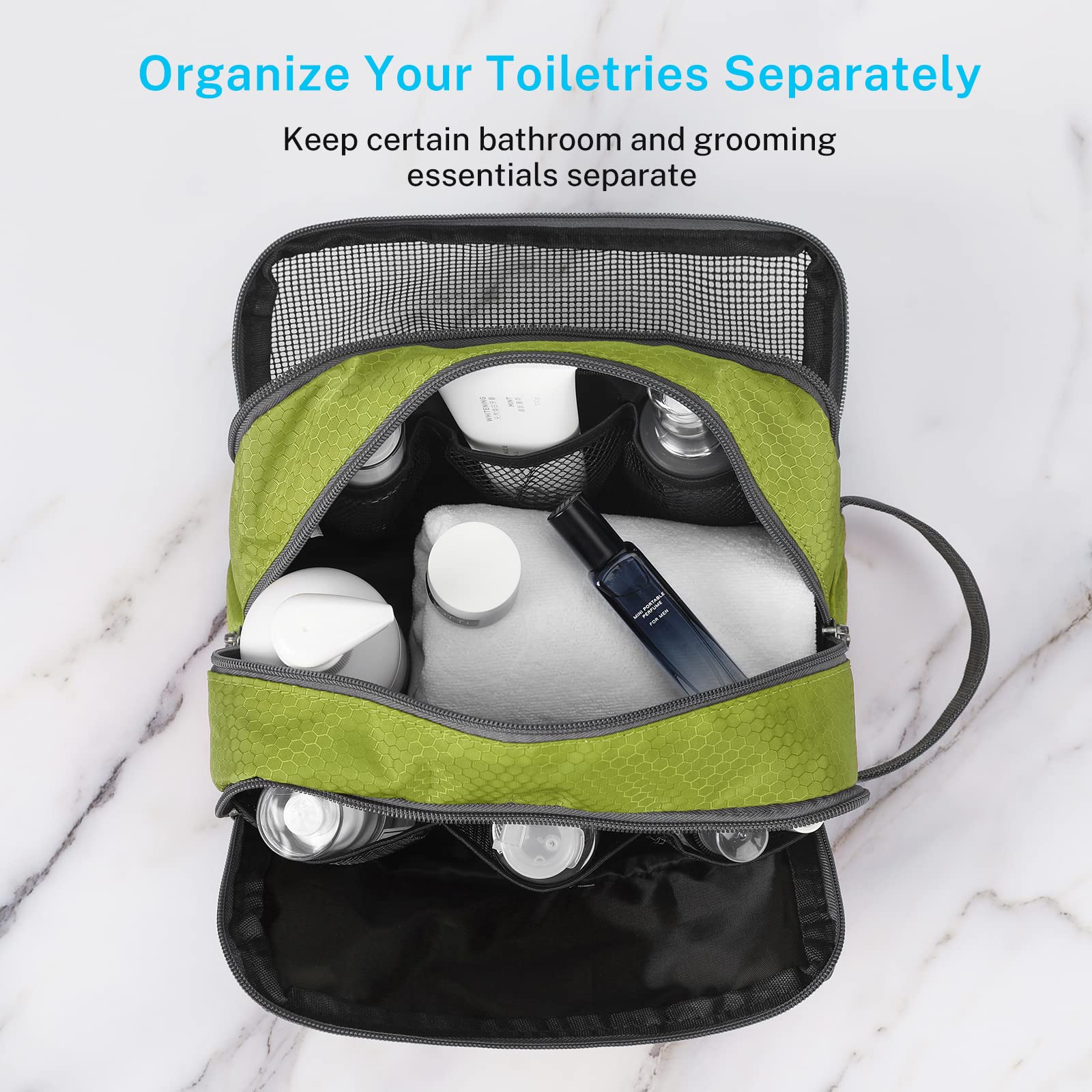 Poignée latérale Gonex facilitant le transport de la trousse toilette verte.