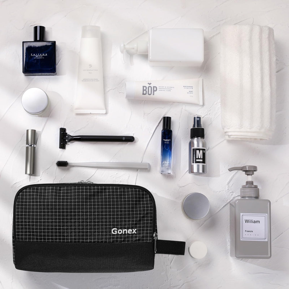 Gonex sac de toilette noir format compact, idéal dans une valise cabine.