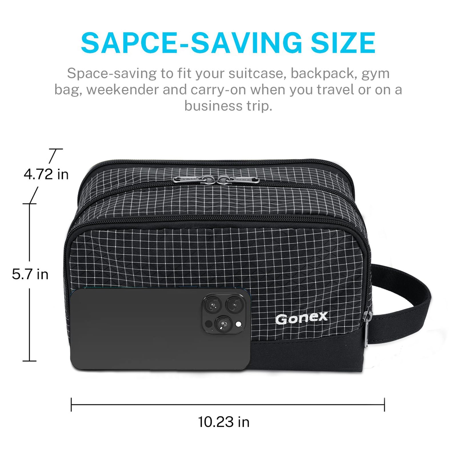 Gonex sac de toilette noir avec poche maillée zippée pour petites affaires visibles.