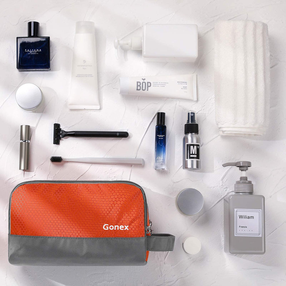 Gonex sac toilette voyage en nylon orange – taille pratique pour valise et sport.