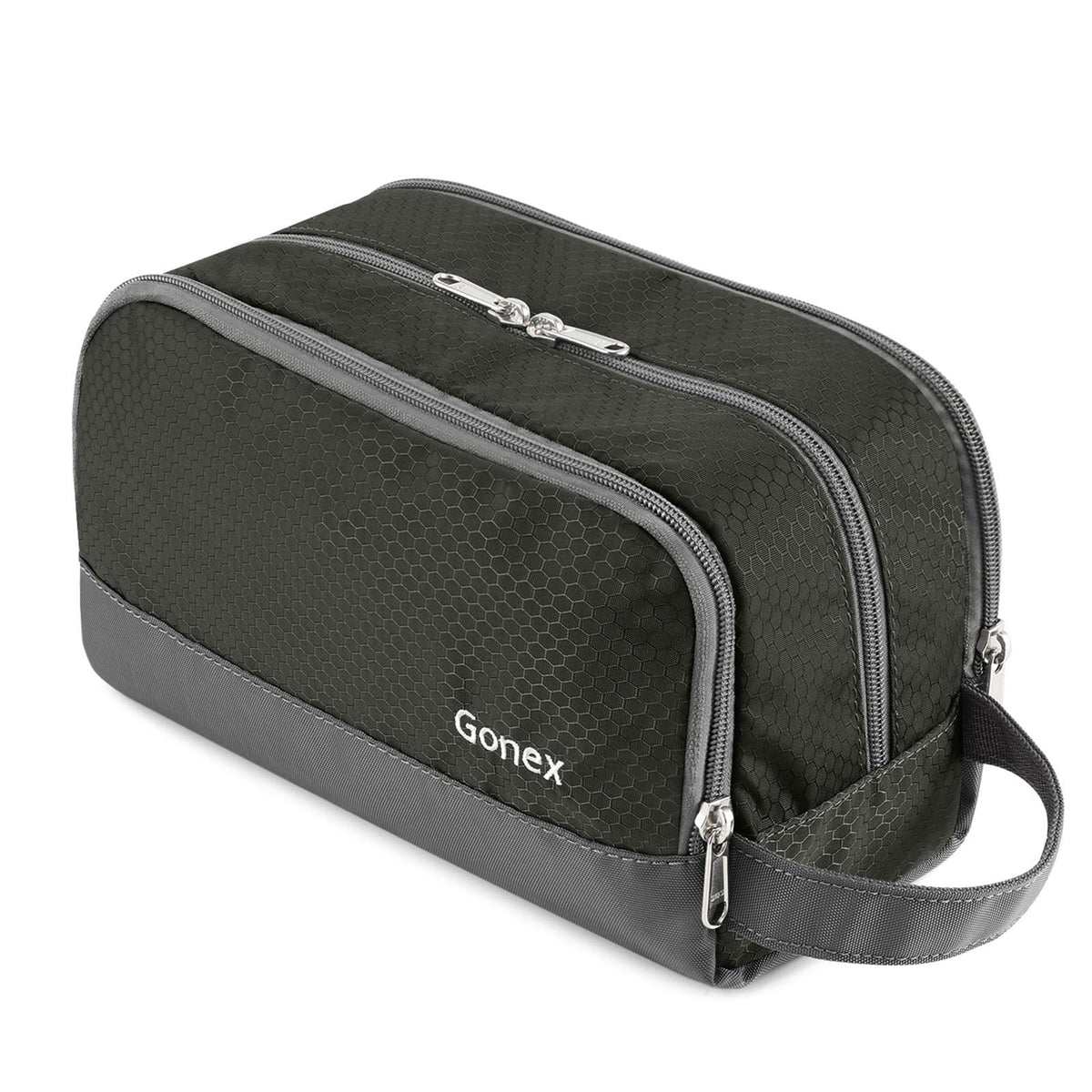 Gonex trousse de toilettes voyage en nylon gris, rangement compact pour essentiels.