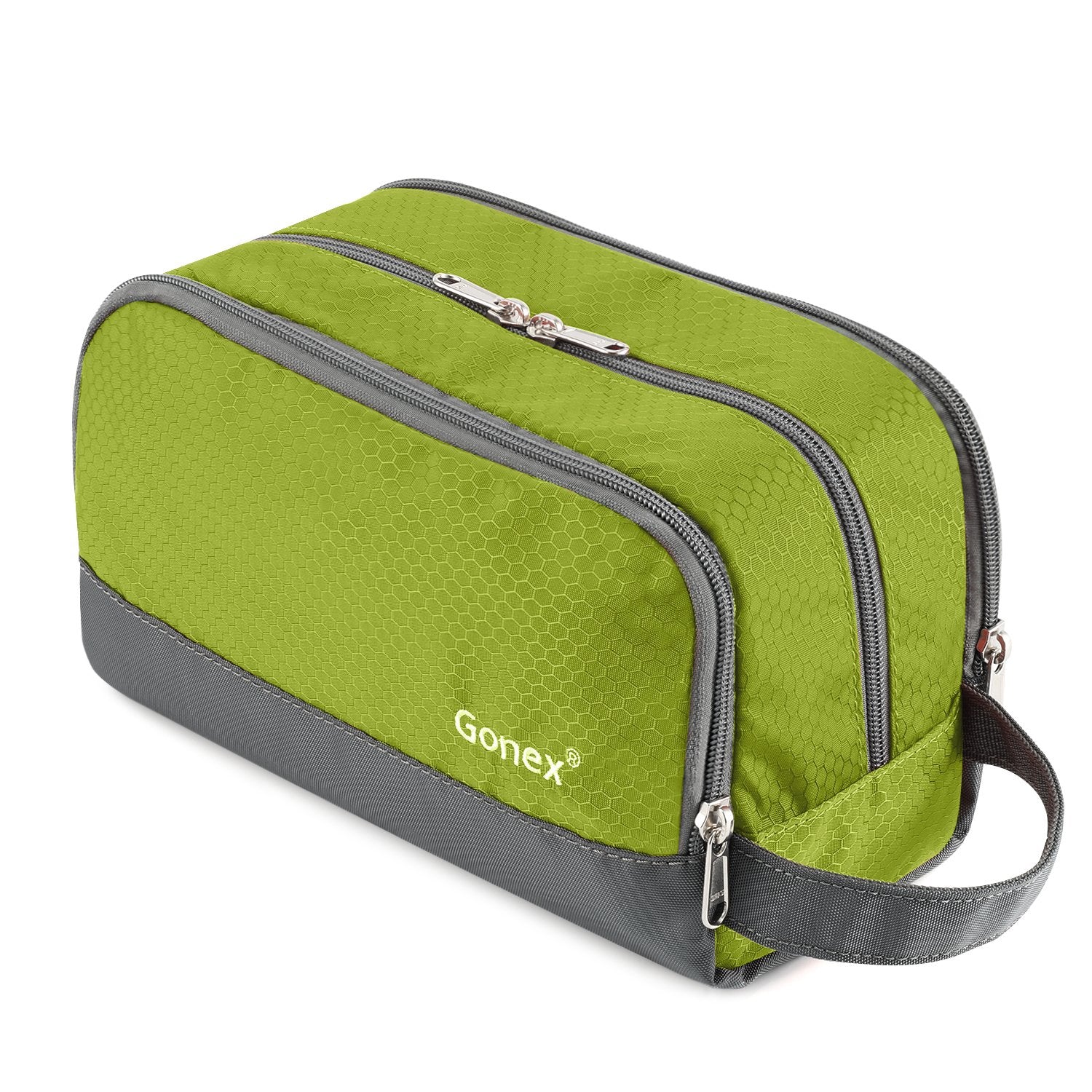 Trousse Gonex de toilette voyage en nylon verte prête pour les déplacements, pratique et résistante.