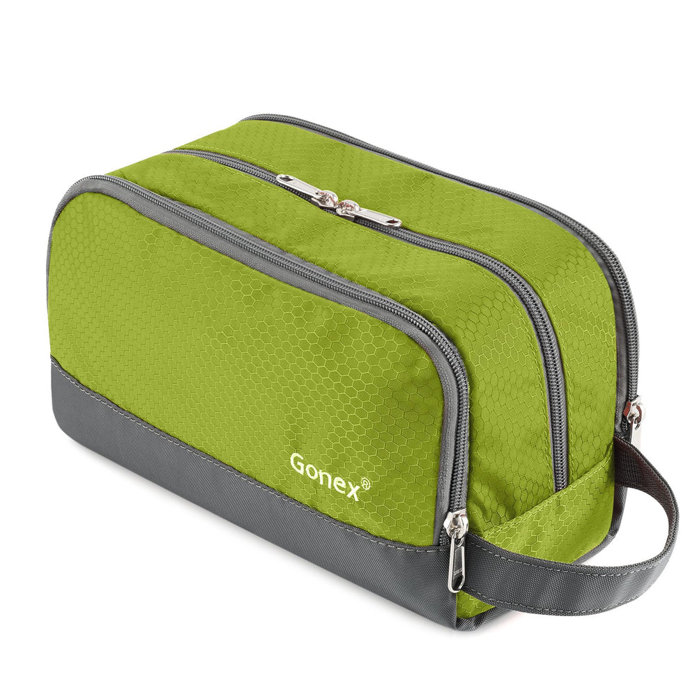 Trousse Gonex de toilette voyage en nylon verte prête pour les déplacements, pratique et résistante.