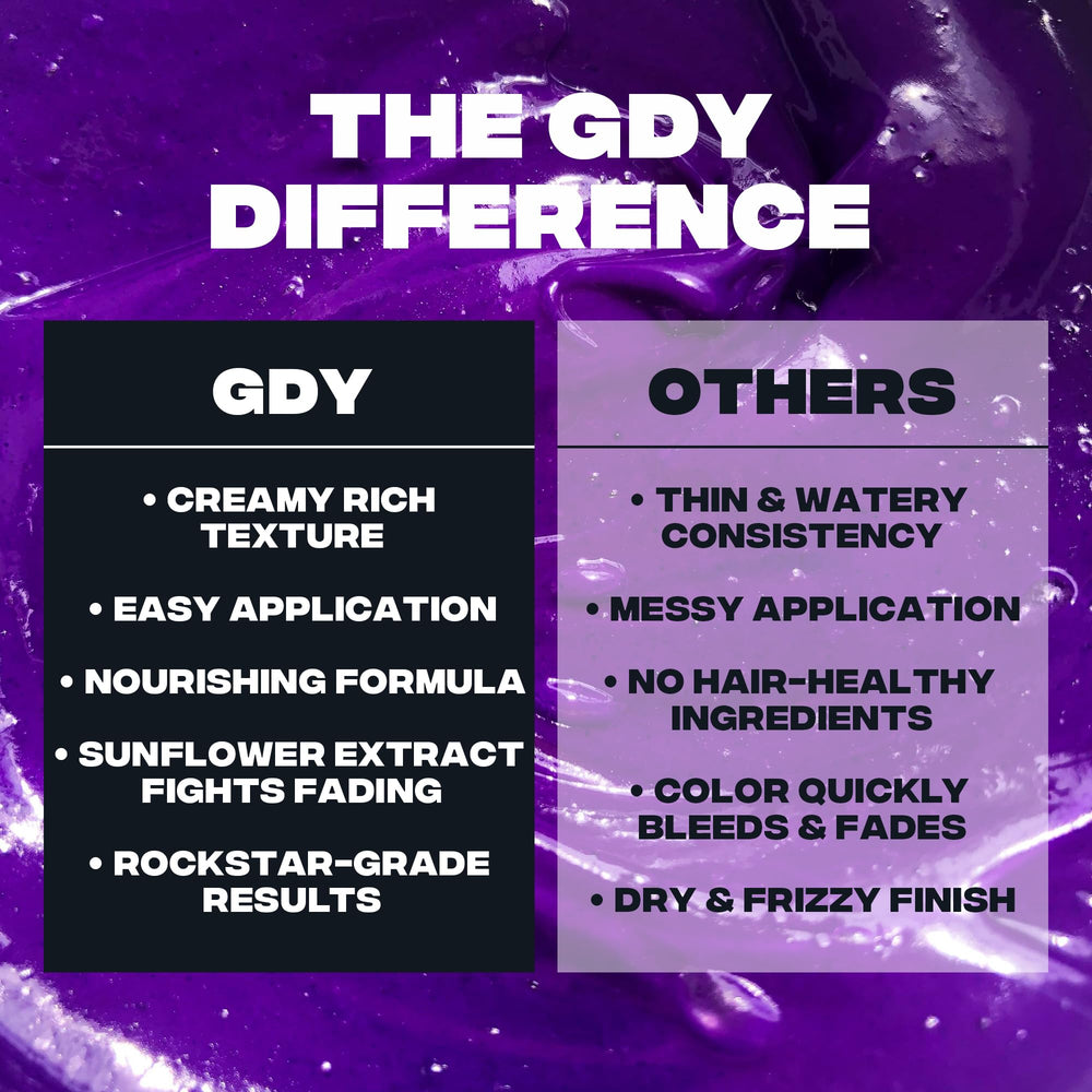 Good Dye Young avant-après-teinture-violette, démonstration d’une couleur violette et éclatante.