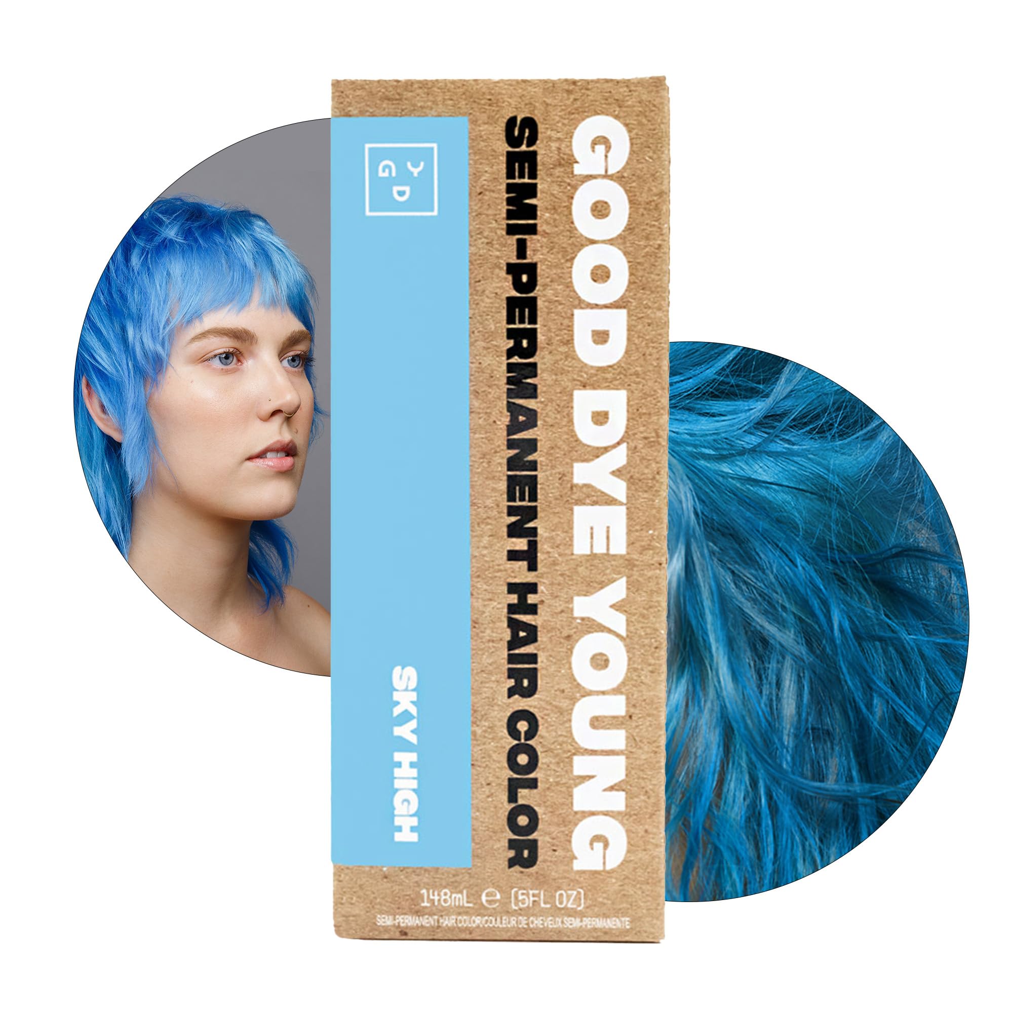 Good Dye Young Sky High Dye bouteille: couleur bleu vif, application fluide et temporaire.