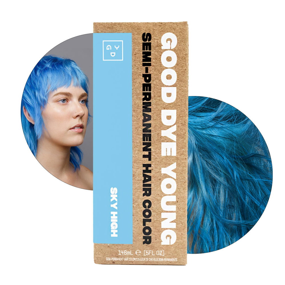 Good Dye Young Sky High Dye bouteille: couleur bleu vif, application fluide et temporaire.