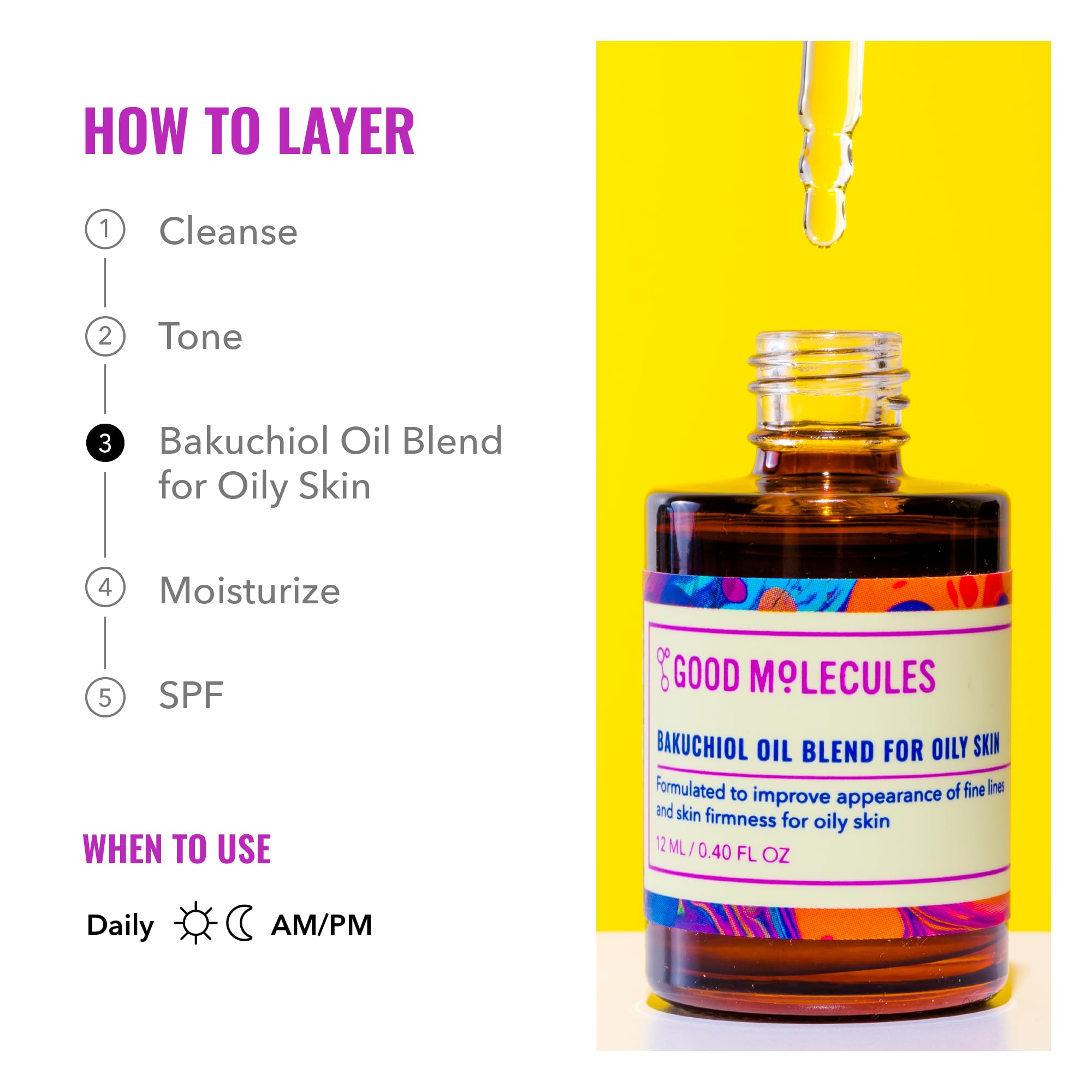 Good Molecules Bakuchiol Oil – application douce en douceur sur le visage.