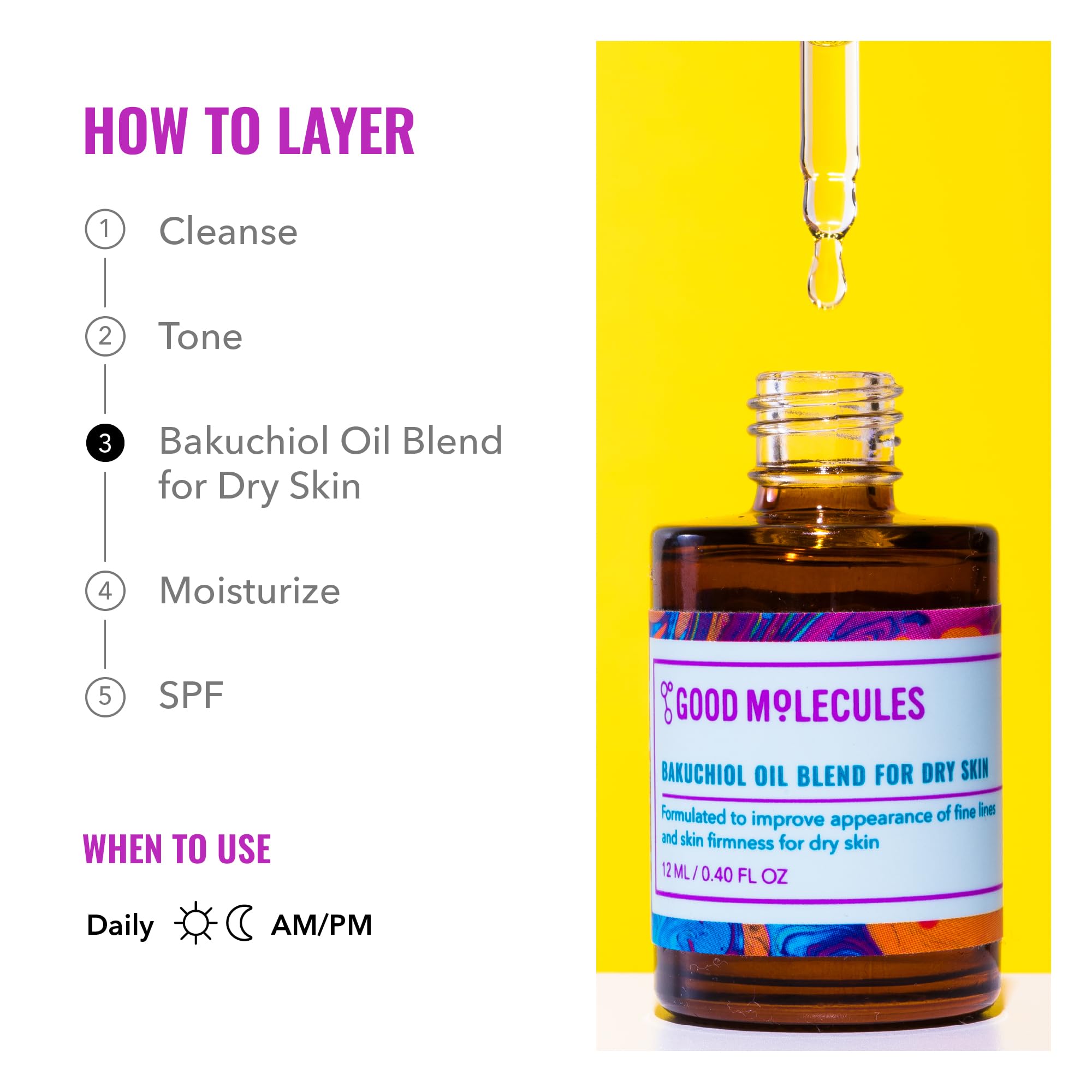 Flacon Good Molecules Bakuchiol Oil avec étiquette claire.
