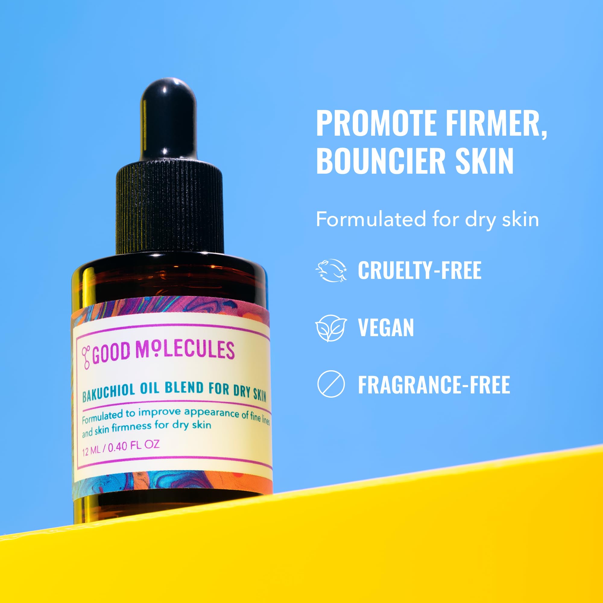 Good Molecules Bakuchiol Oil: goutte sur la peau, absorption rapide et non grasse.
