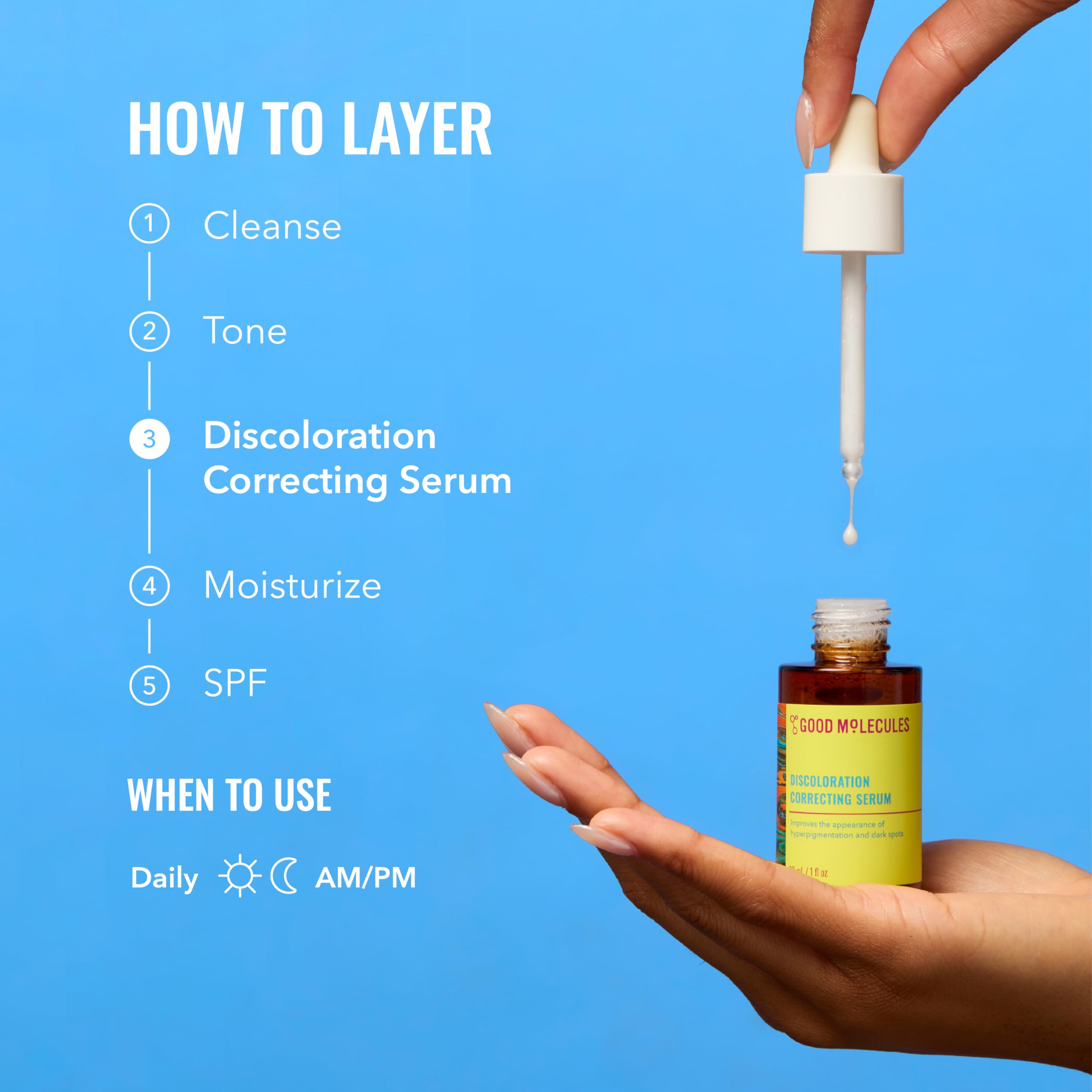 Routine quotidienne avec Good Molecules, appliquer matin et soir pour un teint équilibré.