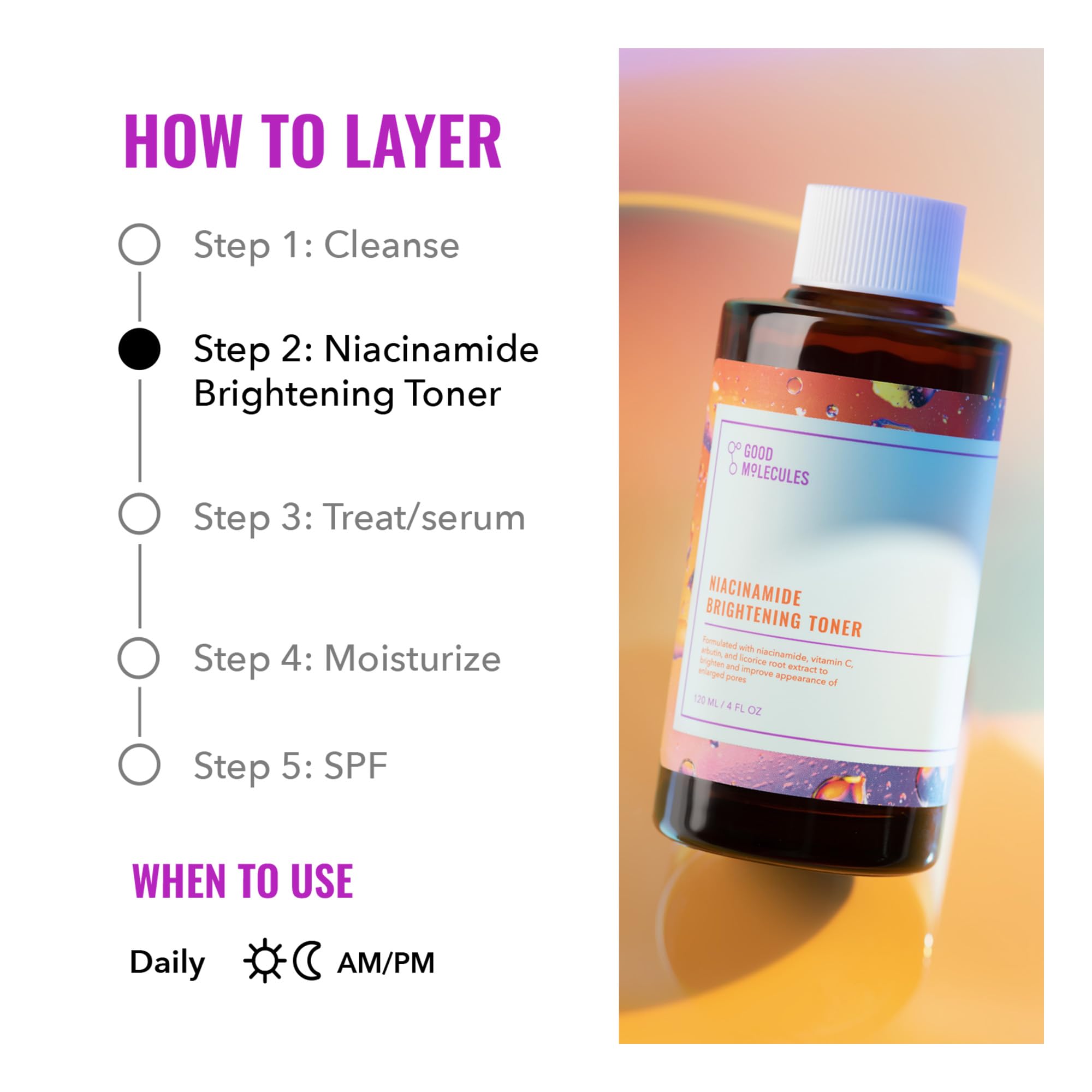 Good Molecules Niacinamide Brightening Toner – emballage clair, routine efficace