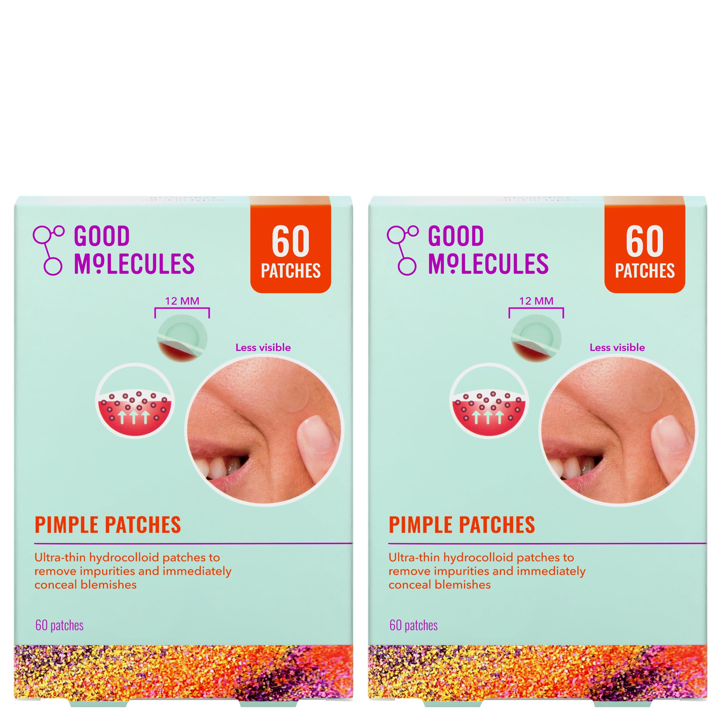 Good Molecules Pimple Patches Pack 2 — boîte affichant des patchs ultra-fin pour imperfections.