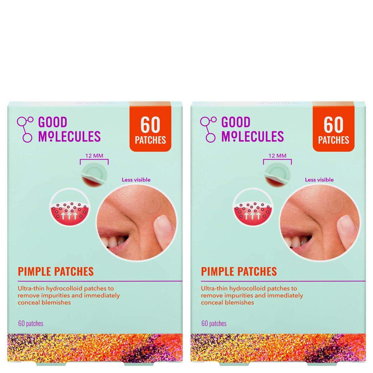Good Molecules Pimple Patches Pack 2 — boîte affichant des patchs ultra-fin pour imperfections.