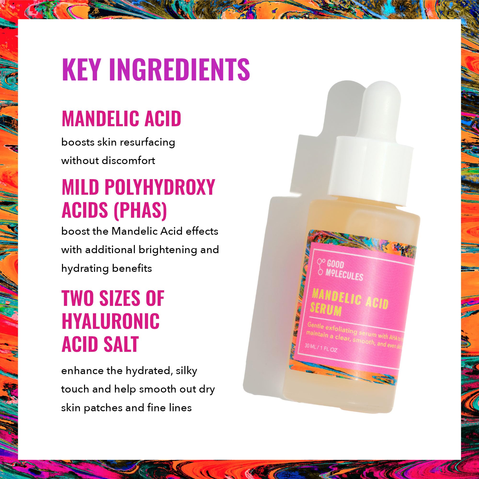 Good Molecules Sérum acide mandélique - étiquette lumineuse et ingrédients doux